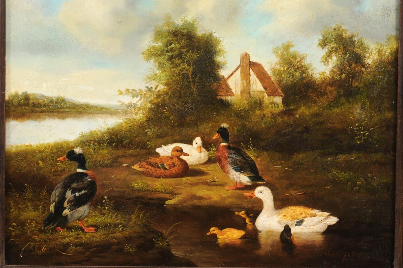 Peinture à l'huile sur panneau de bar des années 1850 représentant des canards et des couleurs vives en vente 1