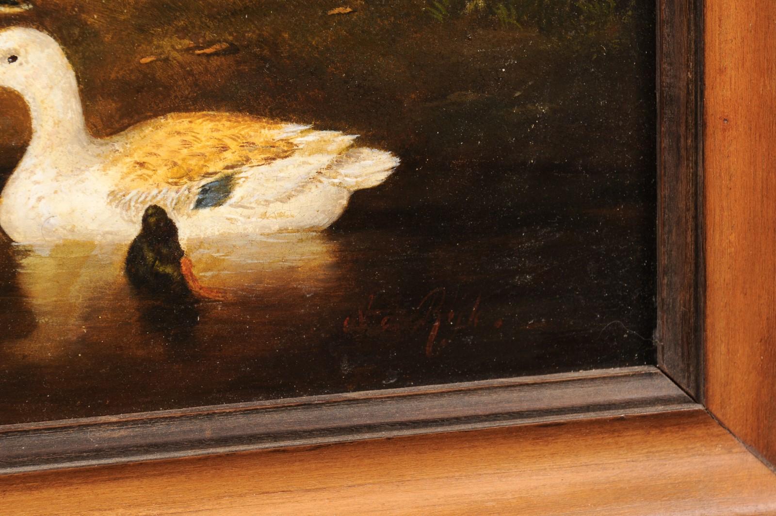Peinture à l'huile sur panneau de bar des années 1850 représentant des canards et des couleurs vives en vente 2