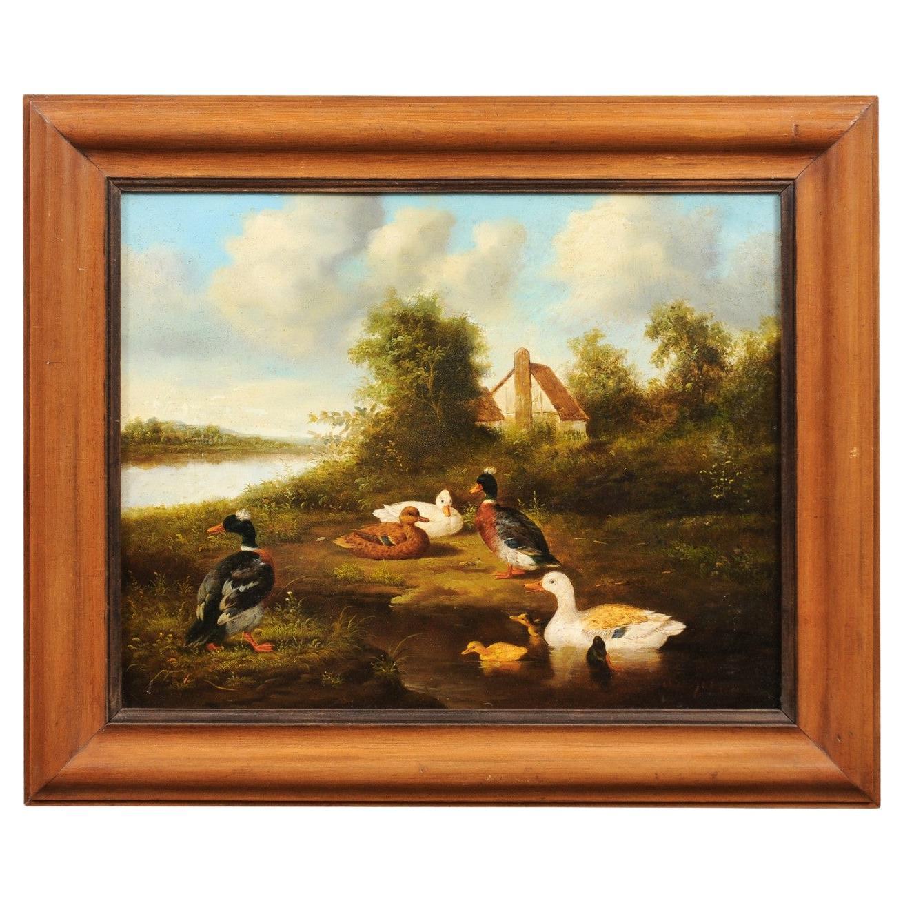Peinture à l'huile sur panneau de bar des années 1850 représentant des canards et des couleurs vives