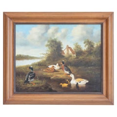 Óleo francés sobre tabla de 1850 Pintura baritonal con patos y colores vibrantes