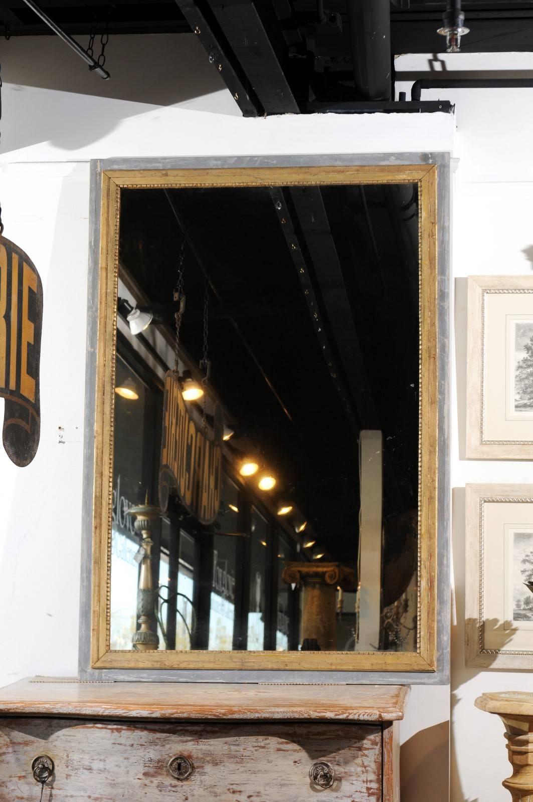 French 1850s Painted and Gilt Rectangular Mirror with Original Mercury Glass In Good Condition In Atlanta, GA