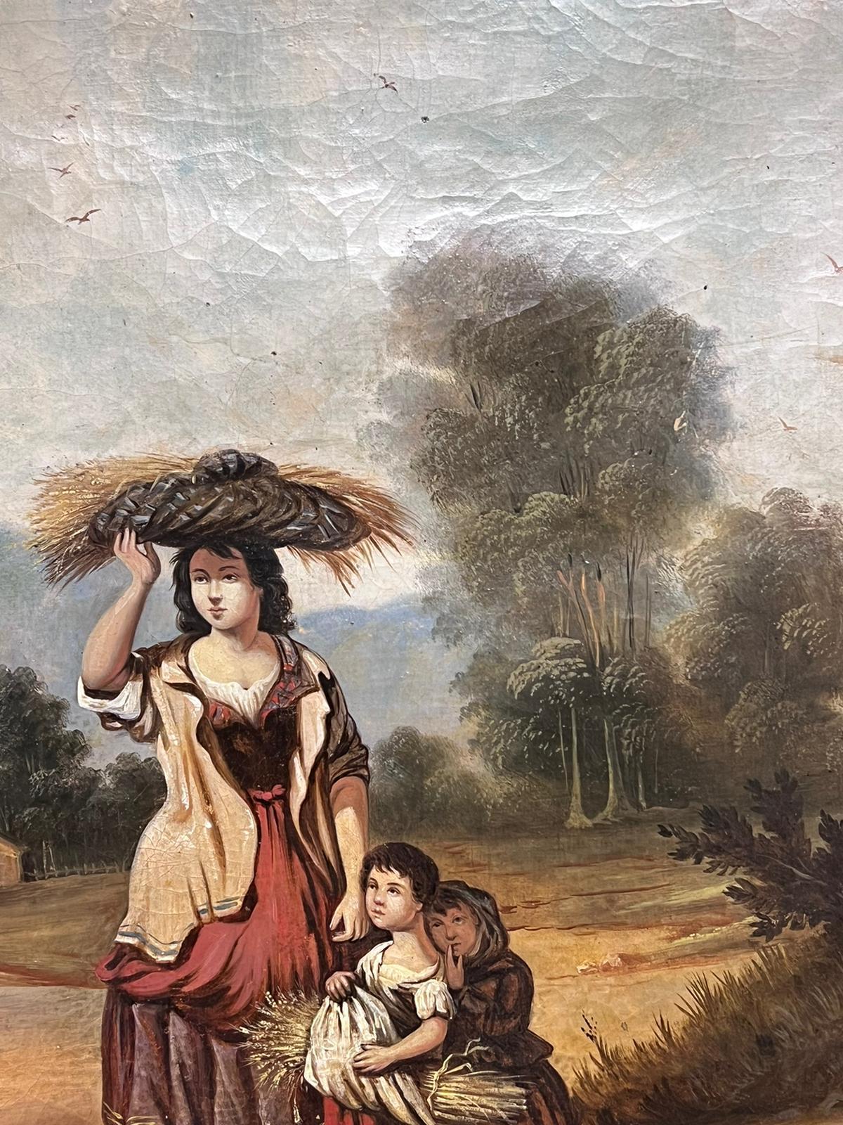Antique Mid 19th Century French Oil Painting Mother & Child Carrying Straw 1