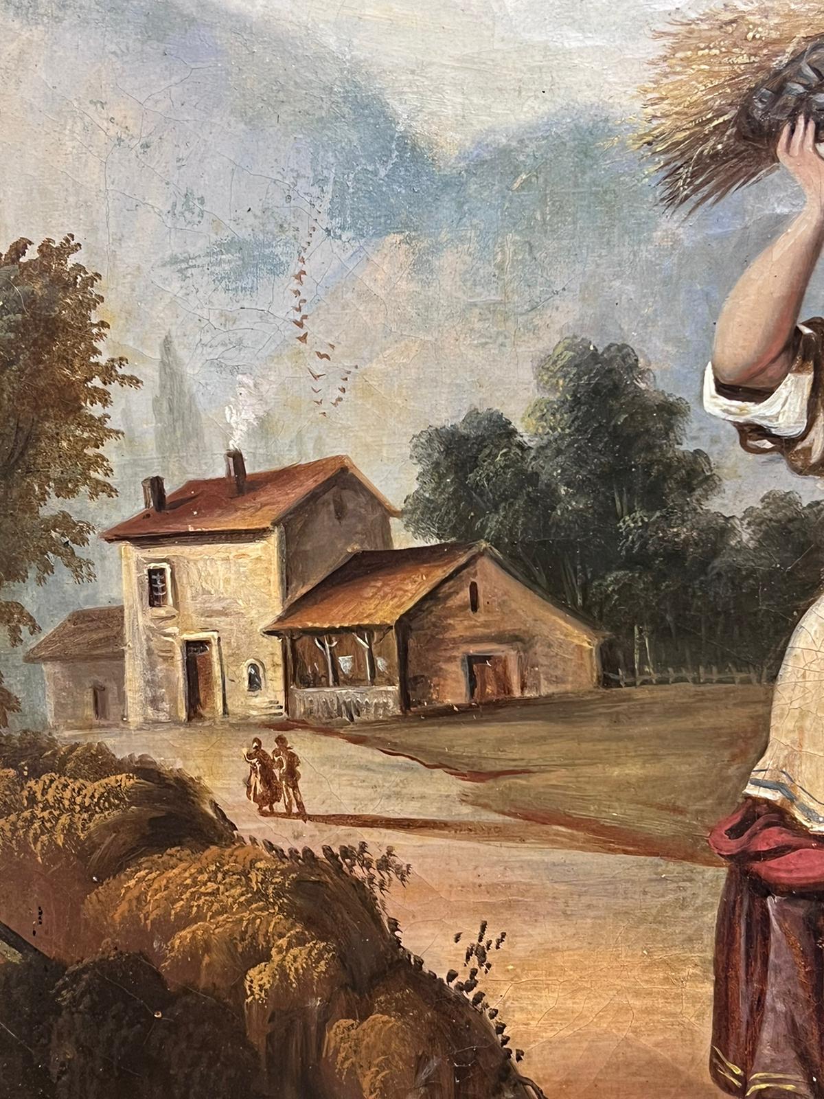 Antique Mid 19th Century French Oil Painting Mother & Child Carrying Straw 2