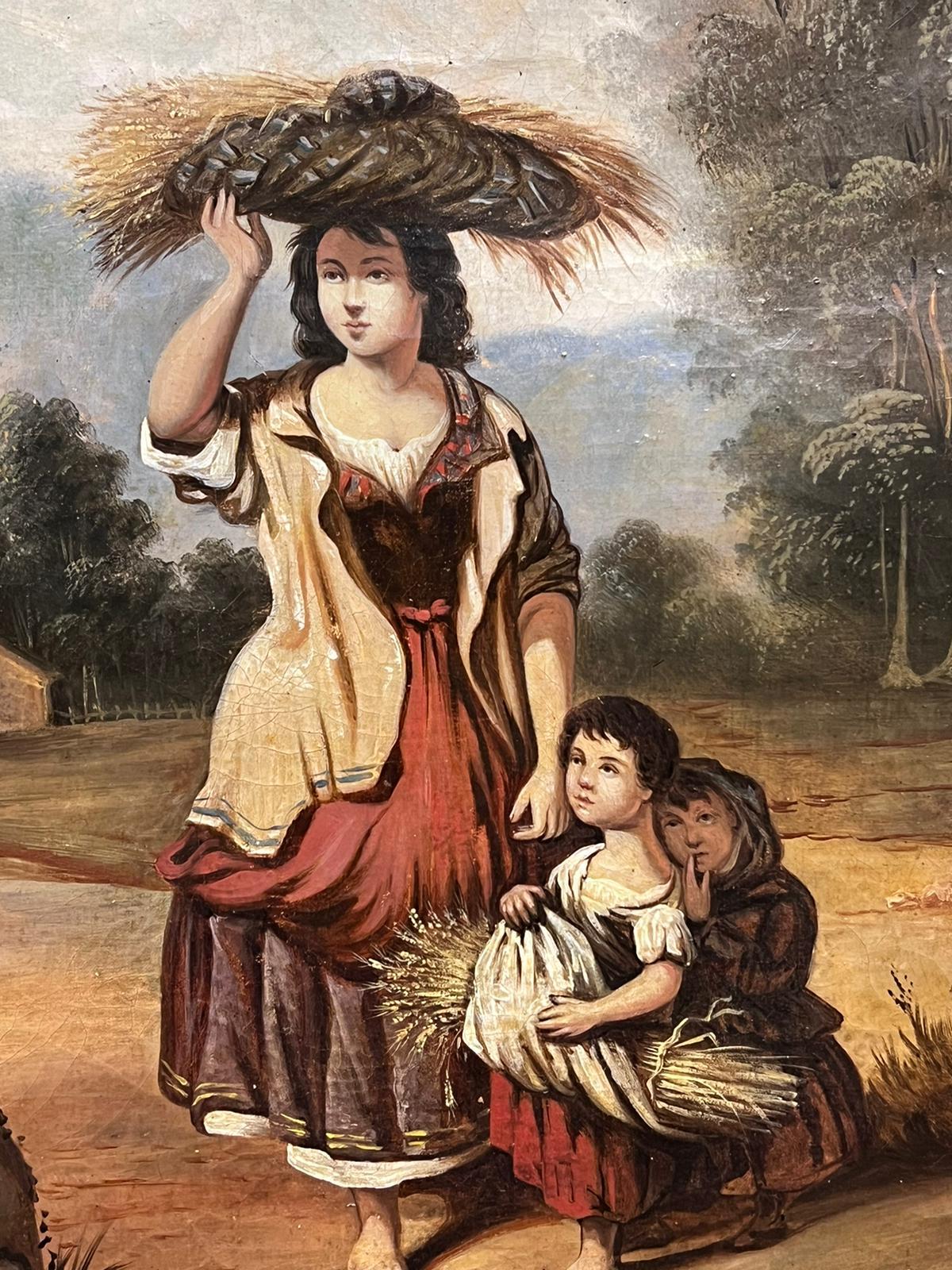 Antique Mid 19th Century French Oil Painting Mother & Child Carrying Straw 4