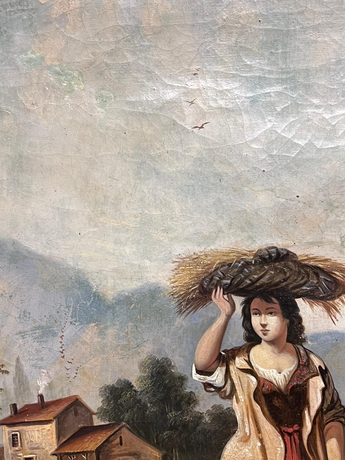 Antique Mid 19th Century French Oil Painting Mother & Child Carrying Straw 5