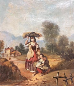 Antique Mid 19th Century French Oil Painting Mother & Child Carrying Straw