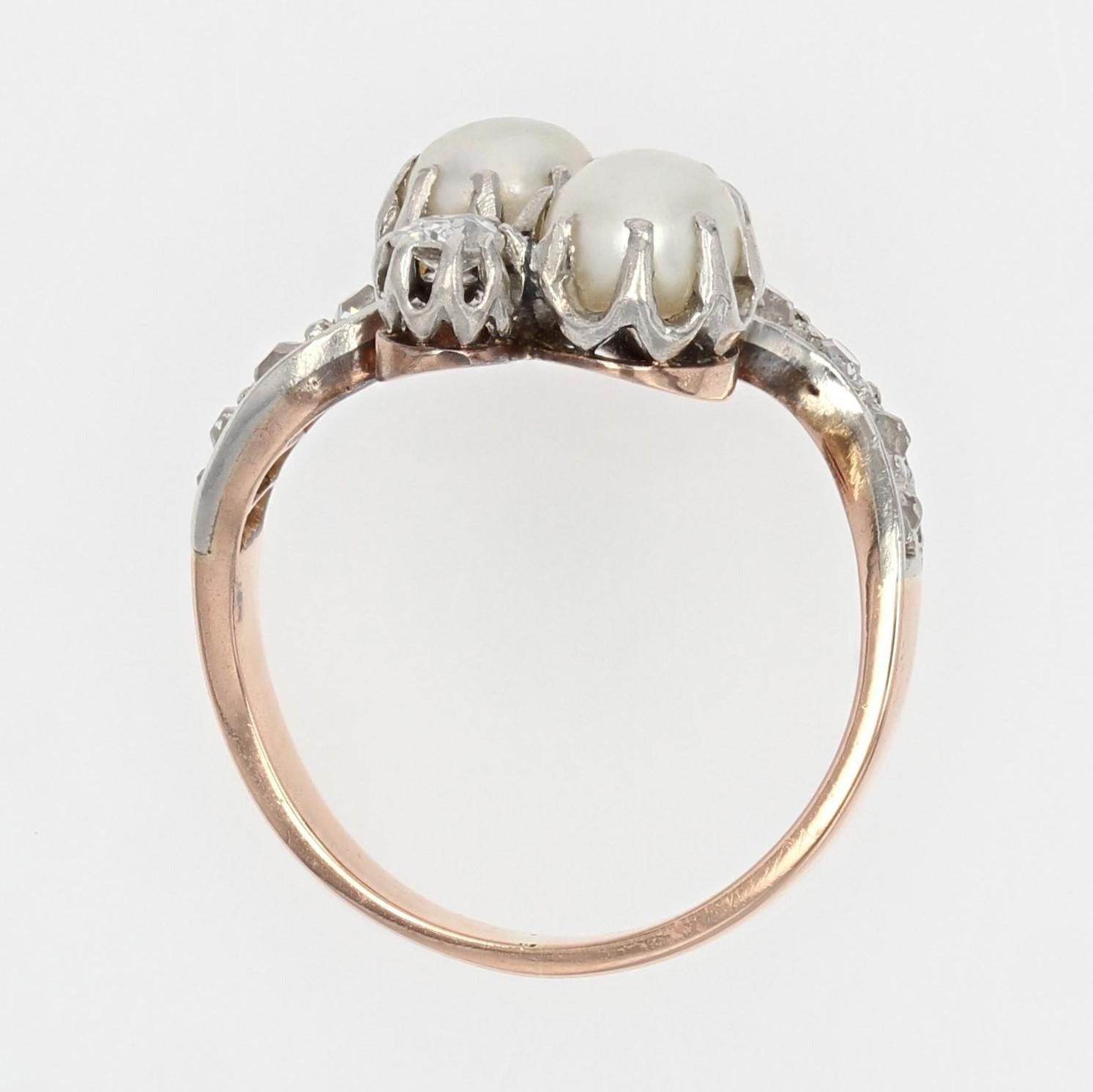 French 1850s Pearl Diamonds 18 Karat Rose Gold You and Me Ring For Sale 10