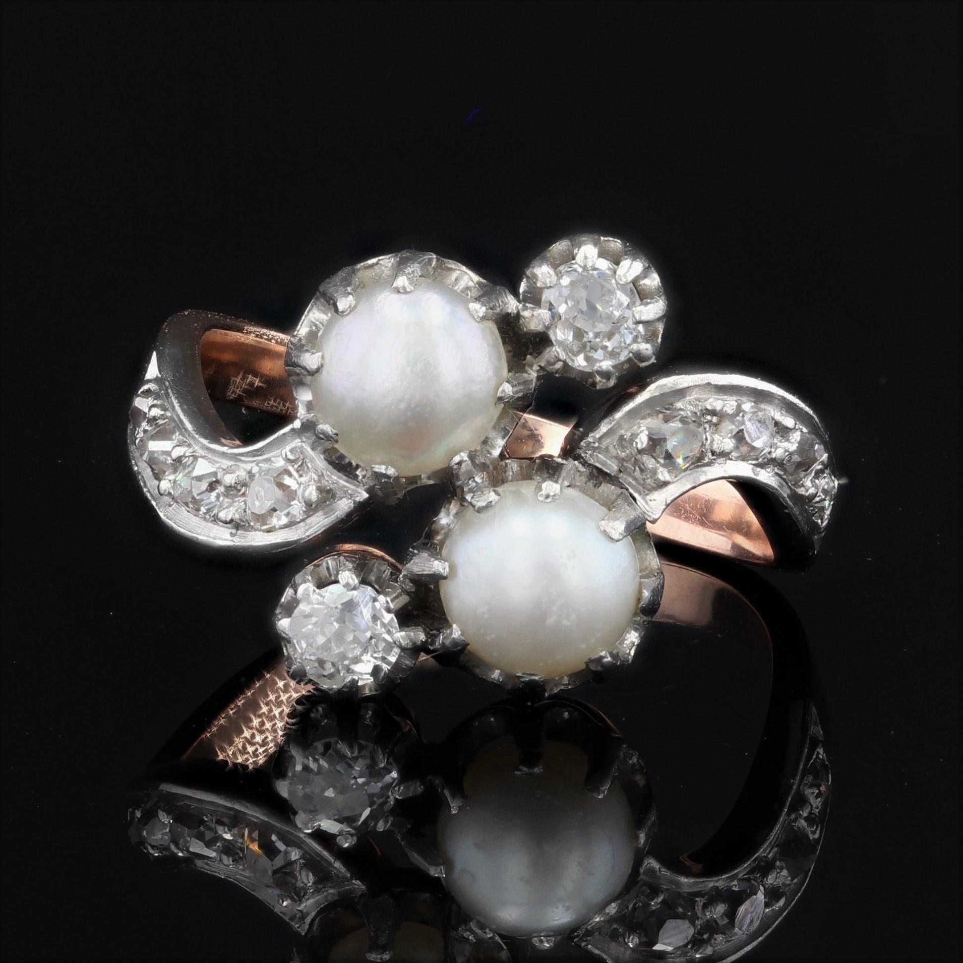 Napoleon III French 1850s Pearl Diamonds 18 Karat Rose Gold You and Me Ring For Sale