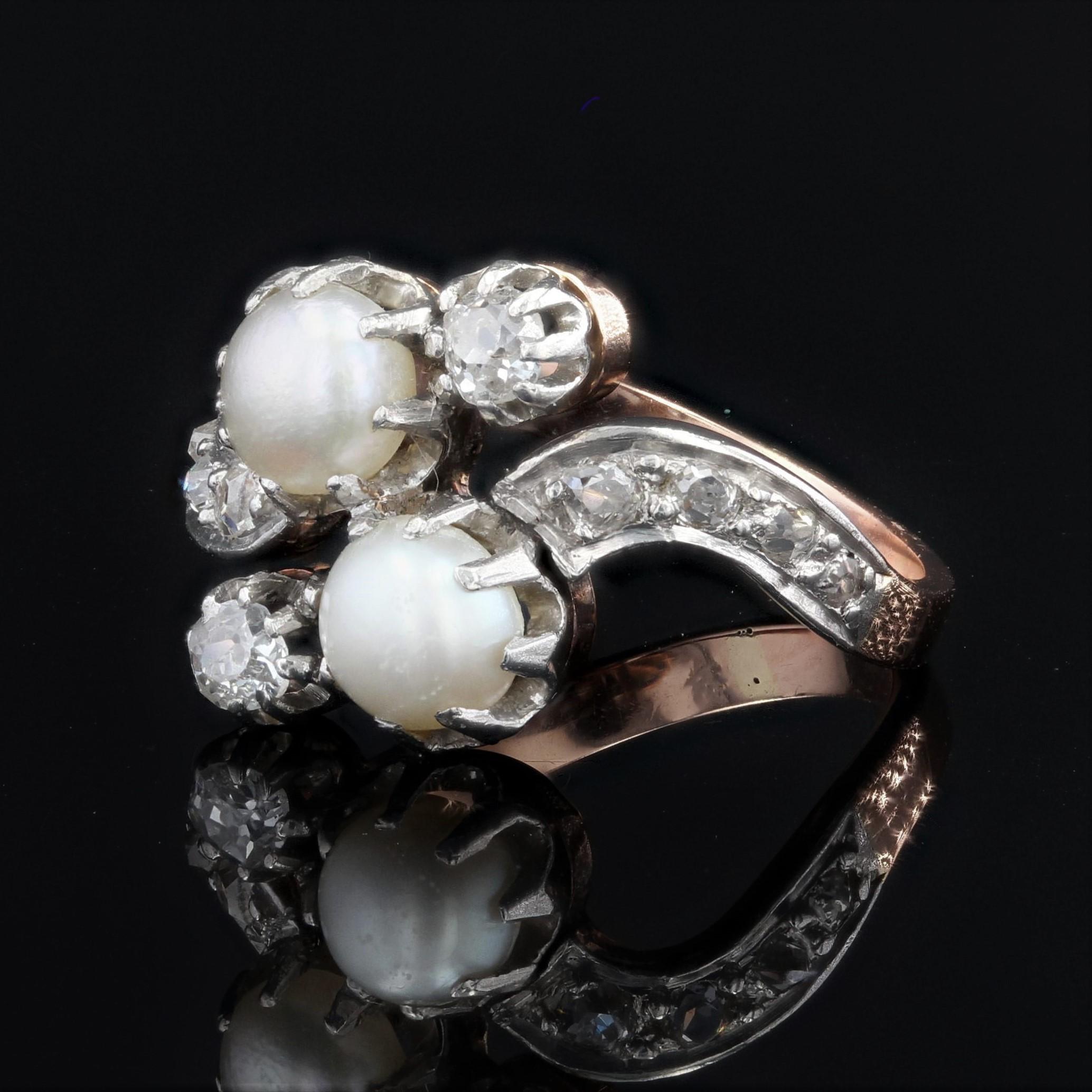 French 1850s Pearl Diamonds 18 Karat Rose Gold You and Me Ring In Good Condition For Sale In Poitiers, FR