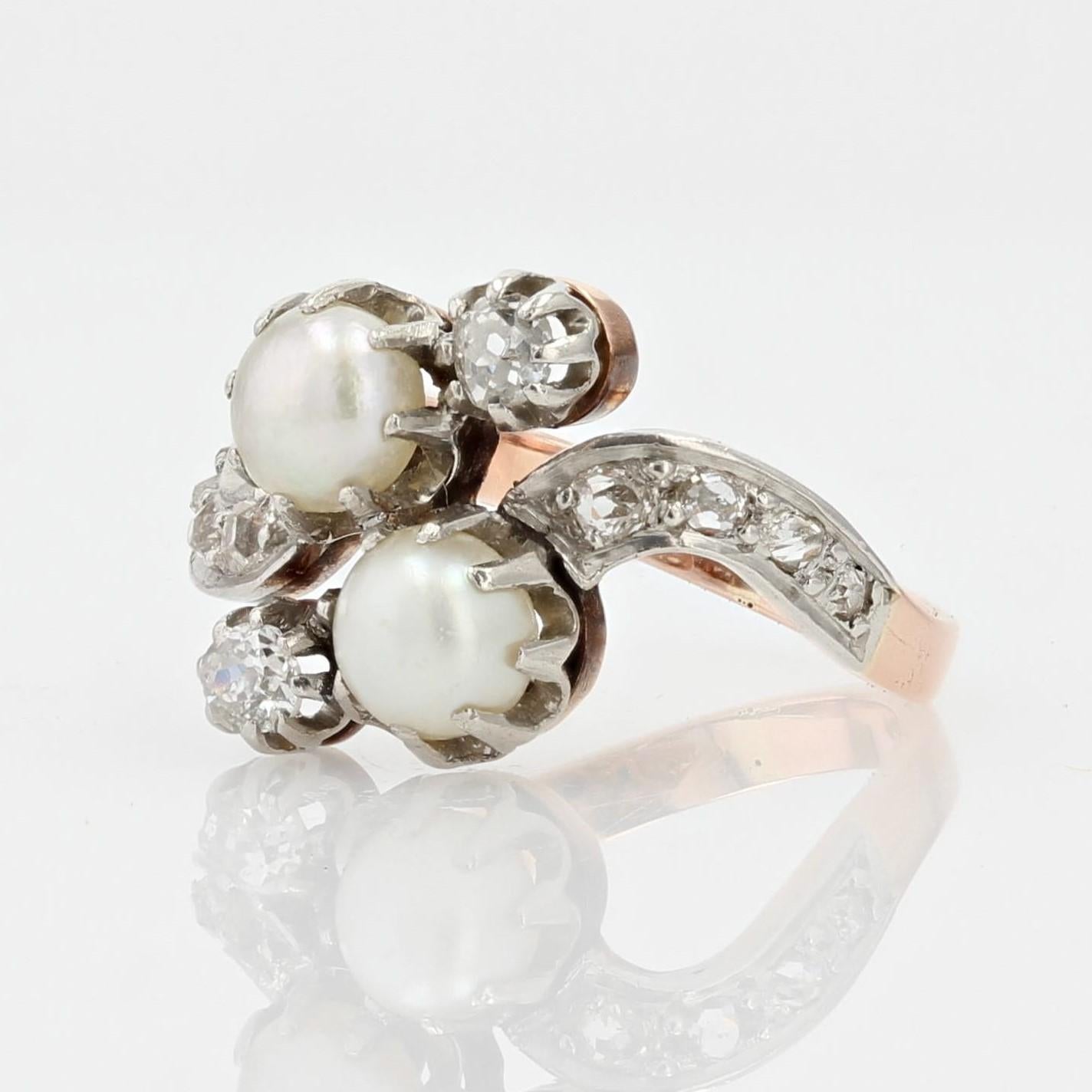 French 1850s Pearl Diamonds 18 Karat Rose Gold You and Me Ring For Sale 1