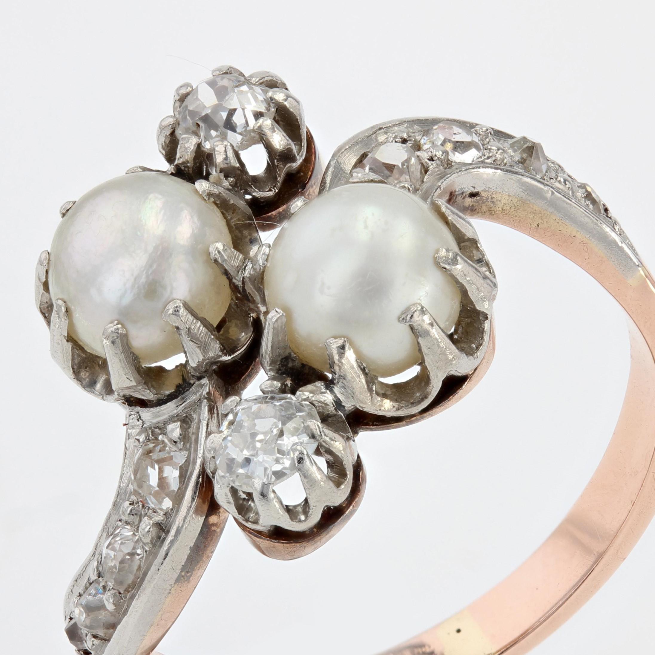 French 1850s Pearl Diamonds 18 Karat Rose Gold You and Me Ring For Sale 2