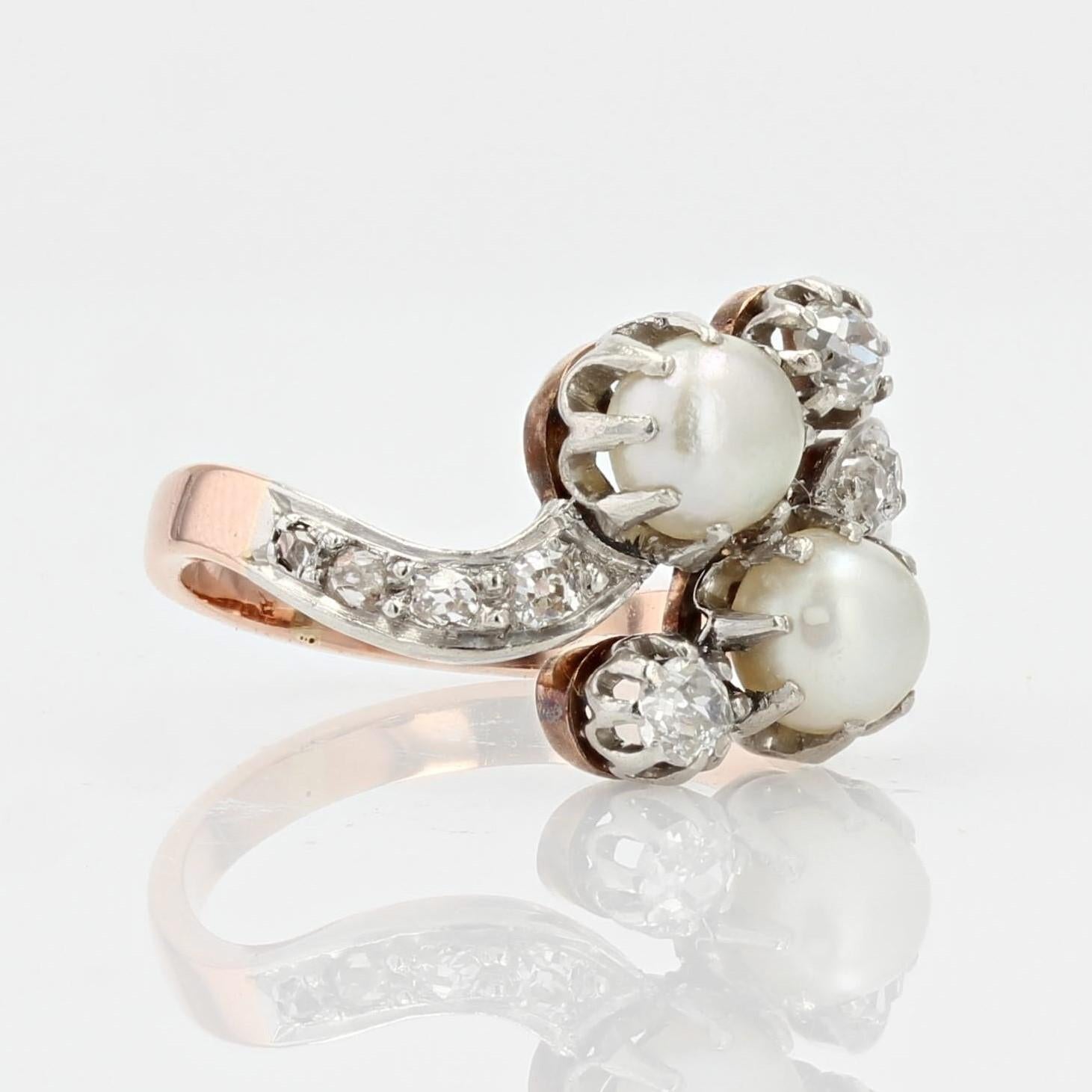 French 1850s Pearl Diamonds 18 Karat Rose Gold You and Me Ring For Sale 3