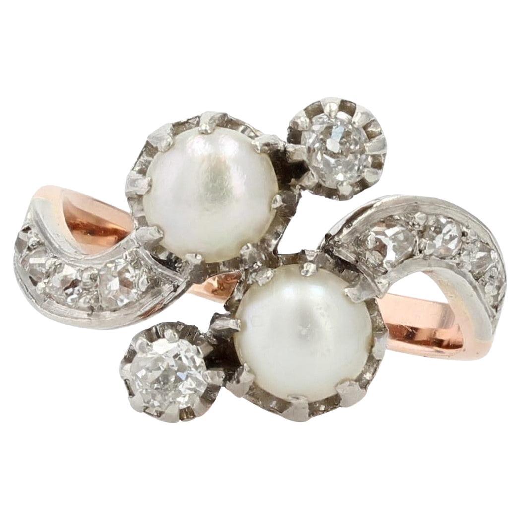 French 1850s Pearl Diamonds 18 Karat Rose Gold You and Me Ring For Sale