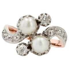 French 1850s Pearl Diamonds 18 Karat Rose Gold You and Me Ring