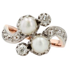 Antique French 1850s Pearl Diamonds 18 Karat Rose Gold You and Me Ring