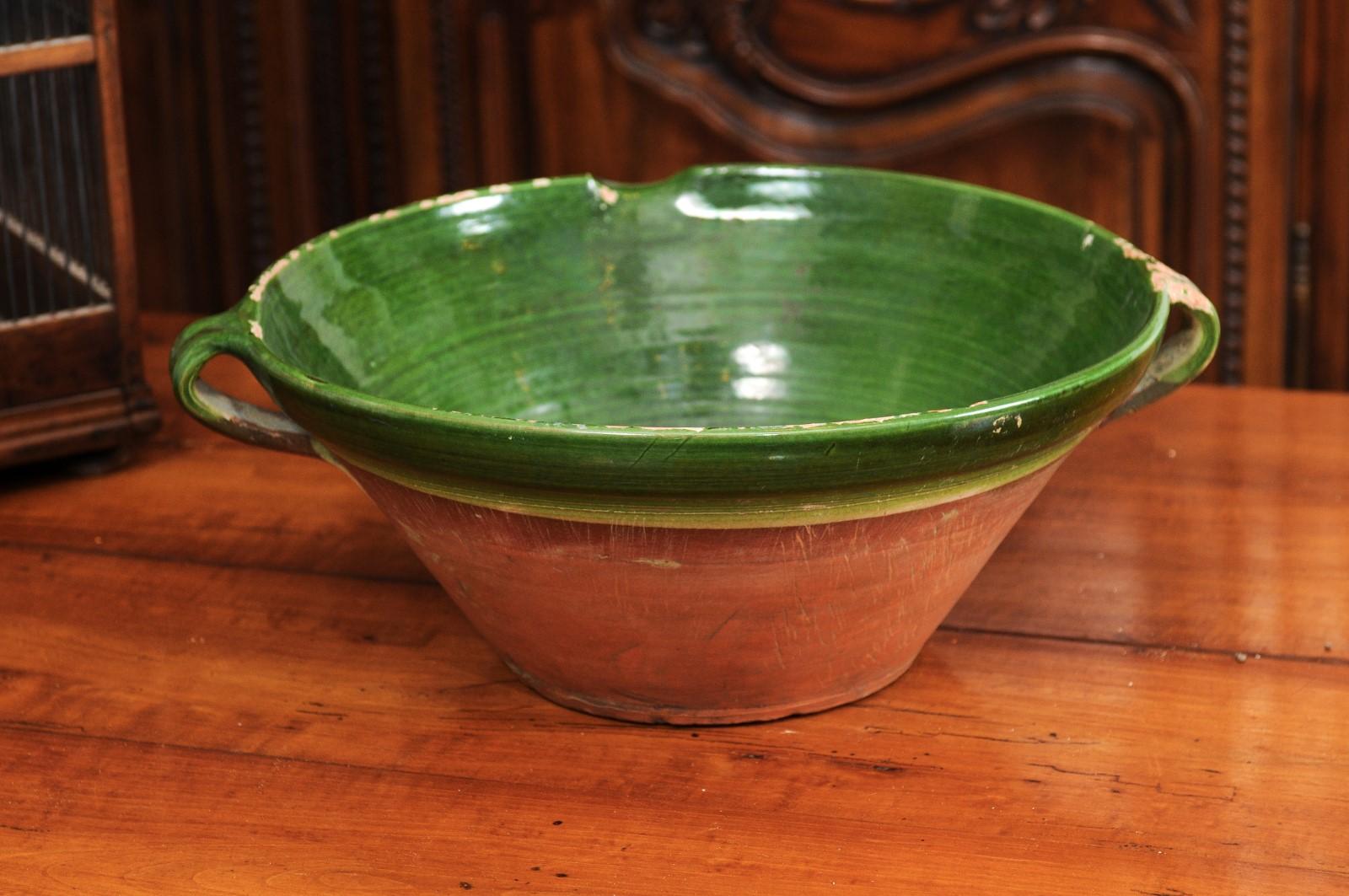 French 1850s Provincial Green Glazed Terracotta Bowl with Handles and Spout 2