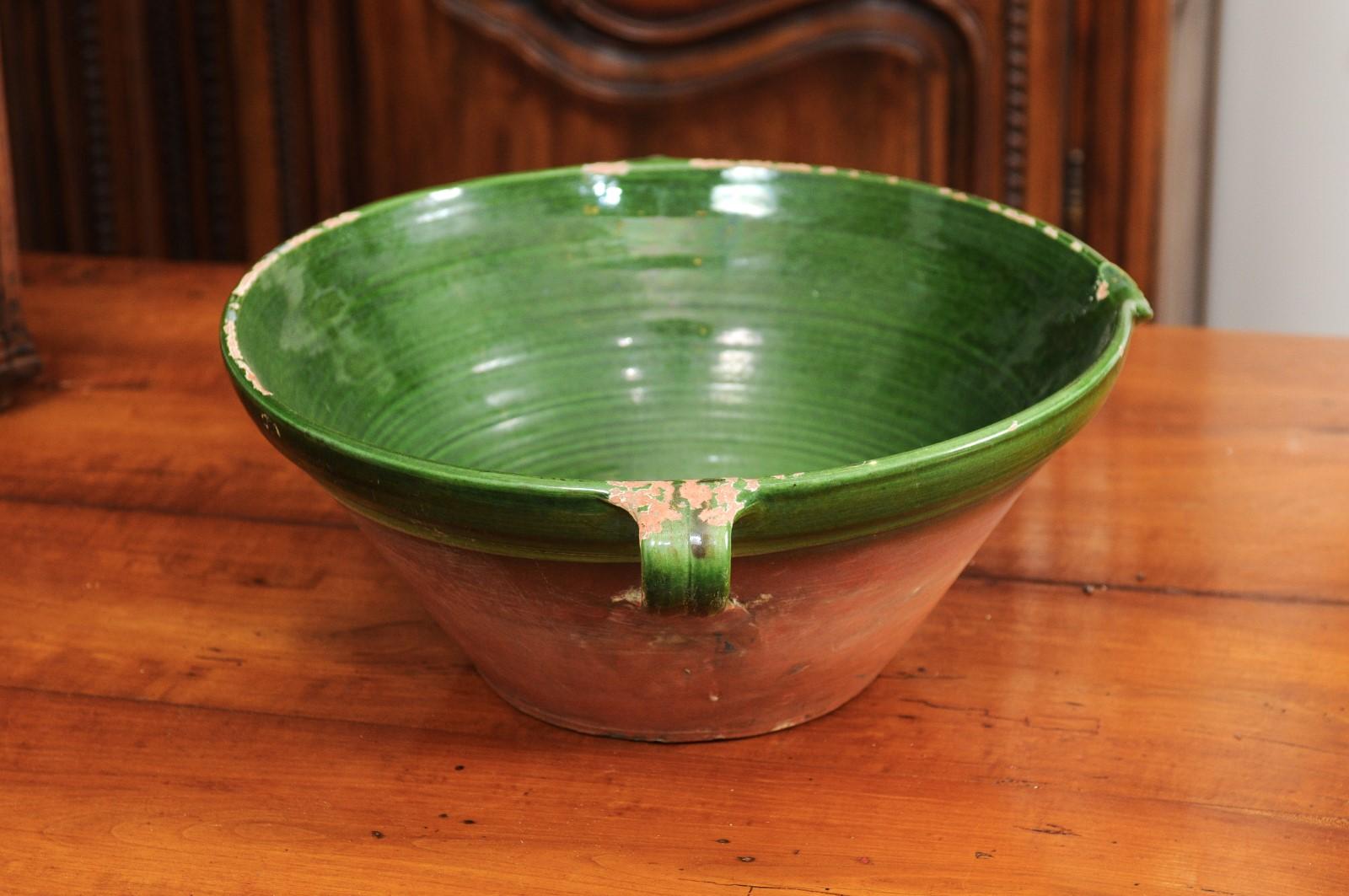 French Provincial French 1850s Provincial Green Glazed Terracotta Bowl with Handles and Spout For Sale
