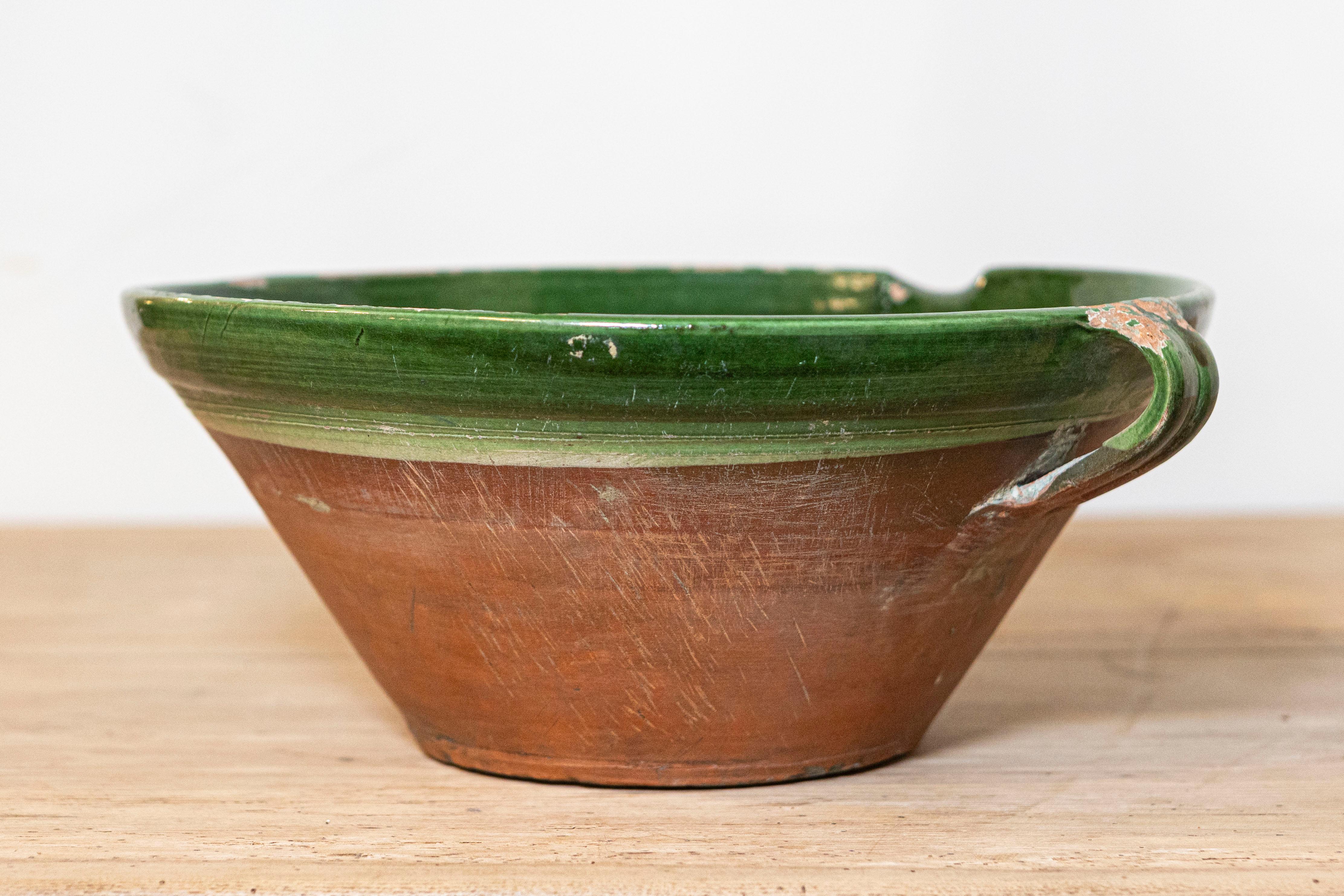 French Provincial French 1850s Provincial Green Glazed Terracotta Bowl with Handles and Spout For Sale