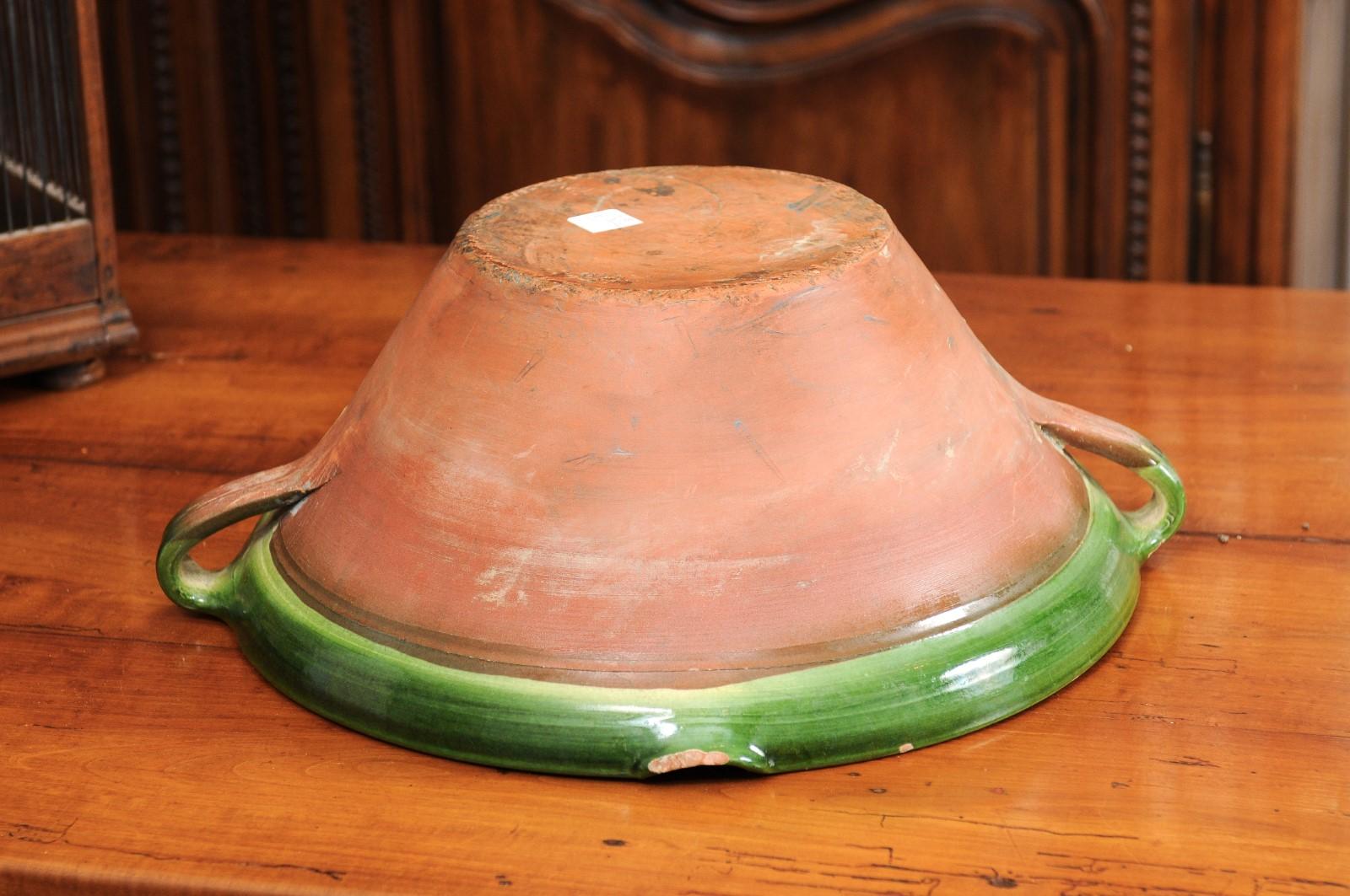 19th Century French 1850s Provincial Green Glazed Terracotta Bowl with Handles and Spout For Sale