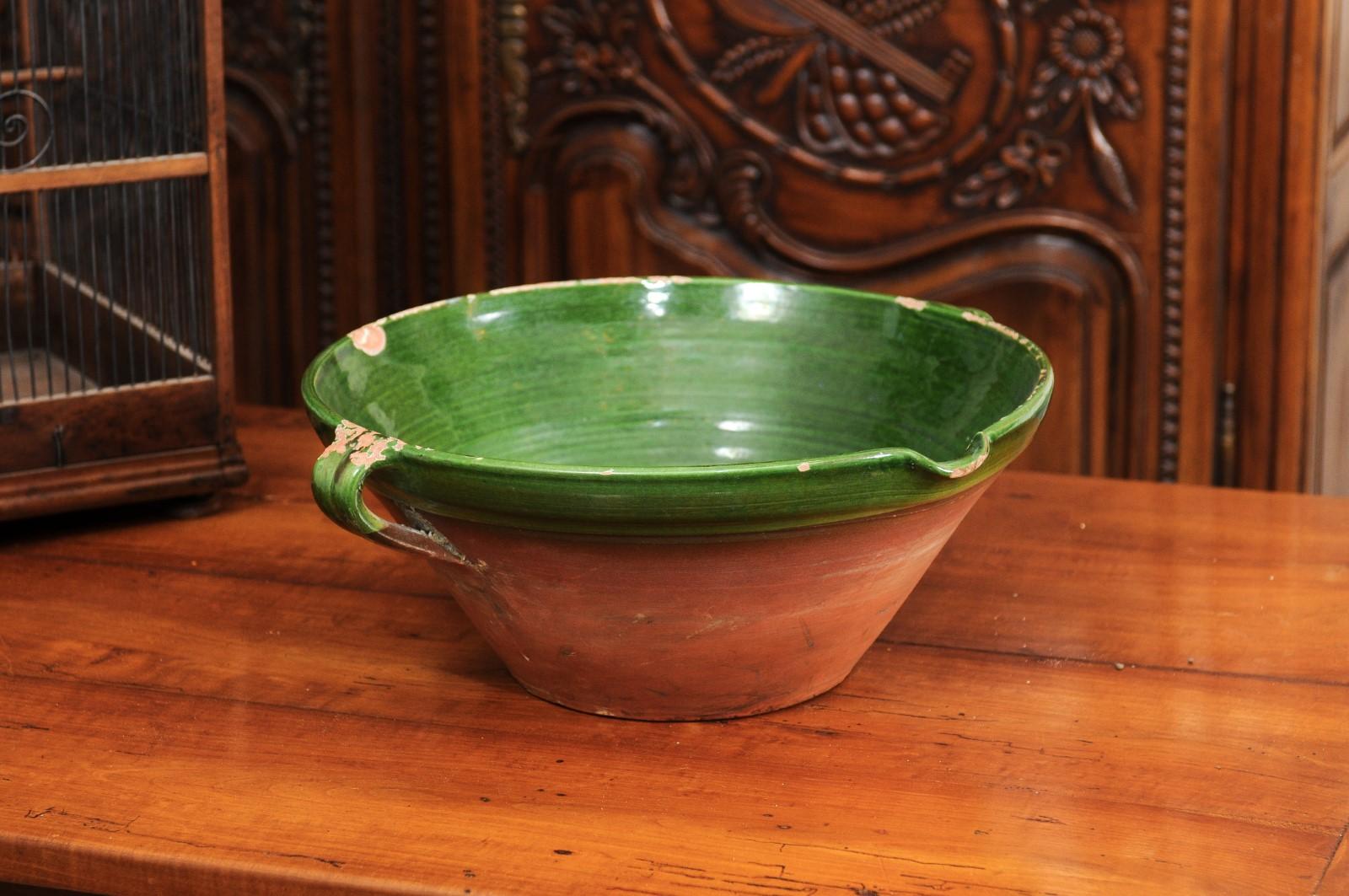French 1850s Provincial Green Glazed Terracotta Bowl with Handles and Spout For Sale 1
