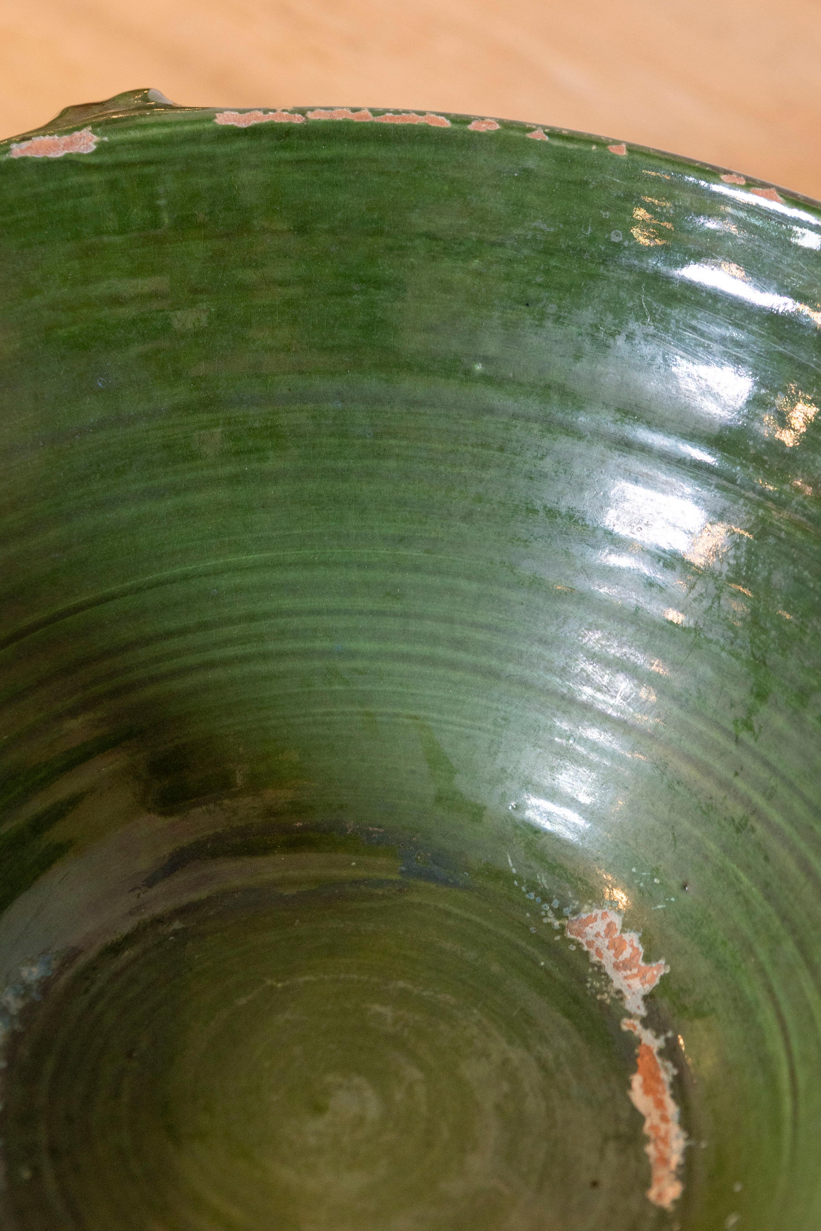French 1850s Provincial Green Glazed Terracotta Bowl with Handles and Spout For Sale 1