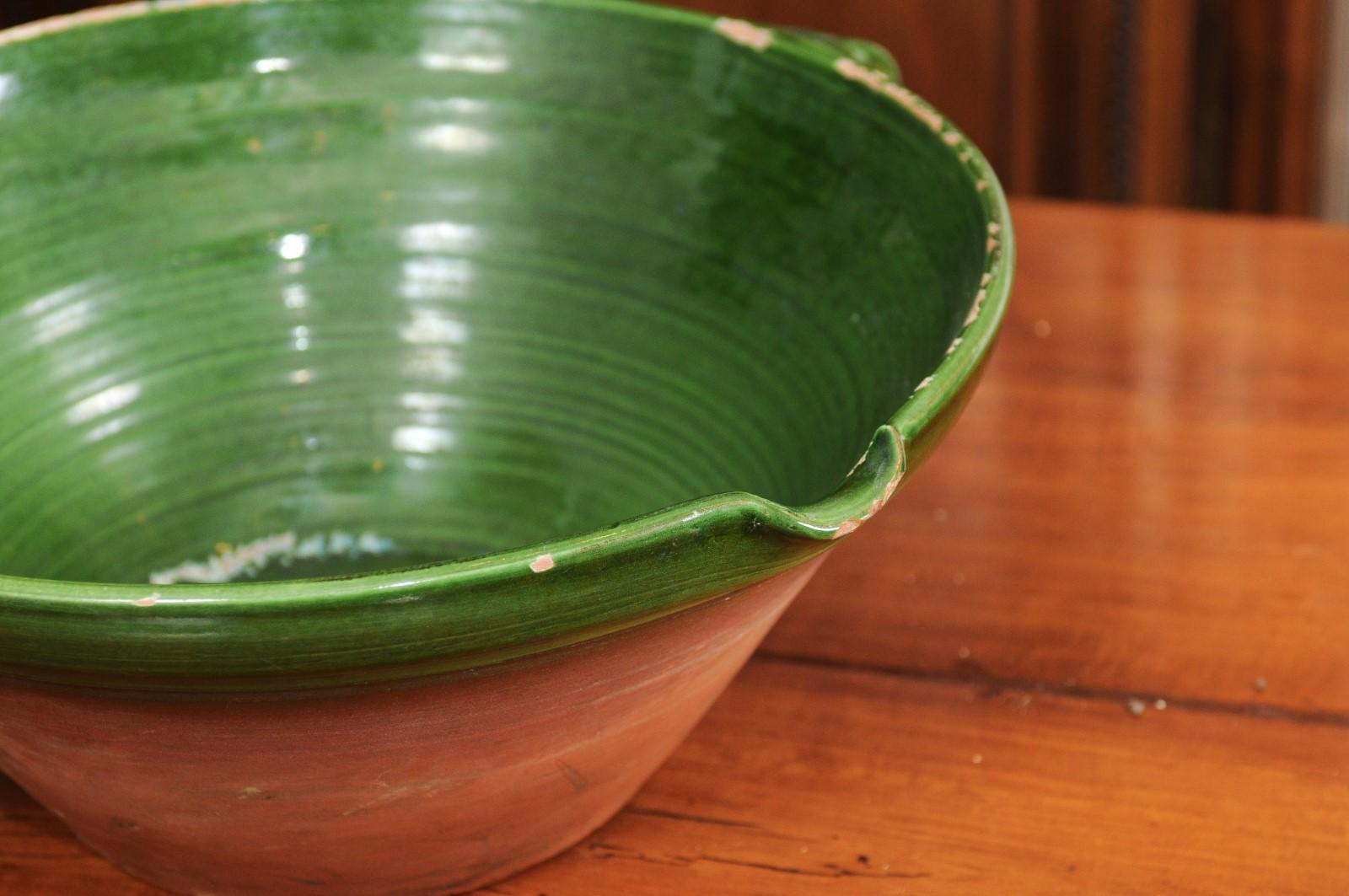 French 1850s Provincial Green Glazed Terracotta Bowl with Handles and Spout For Sale 2