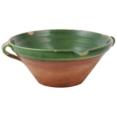 French 1850s Provincial Green Glazed Terracotta Bowl with Handles and Spout