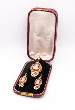 French 1860 Convertible Parure of Earrings and Pendant in 18kt Gold with Enamel