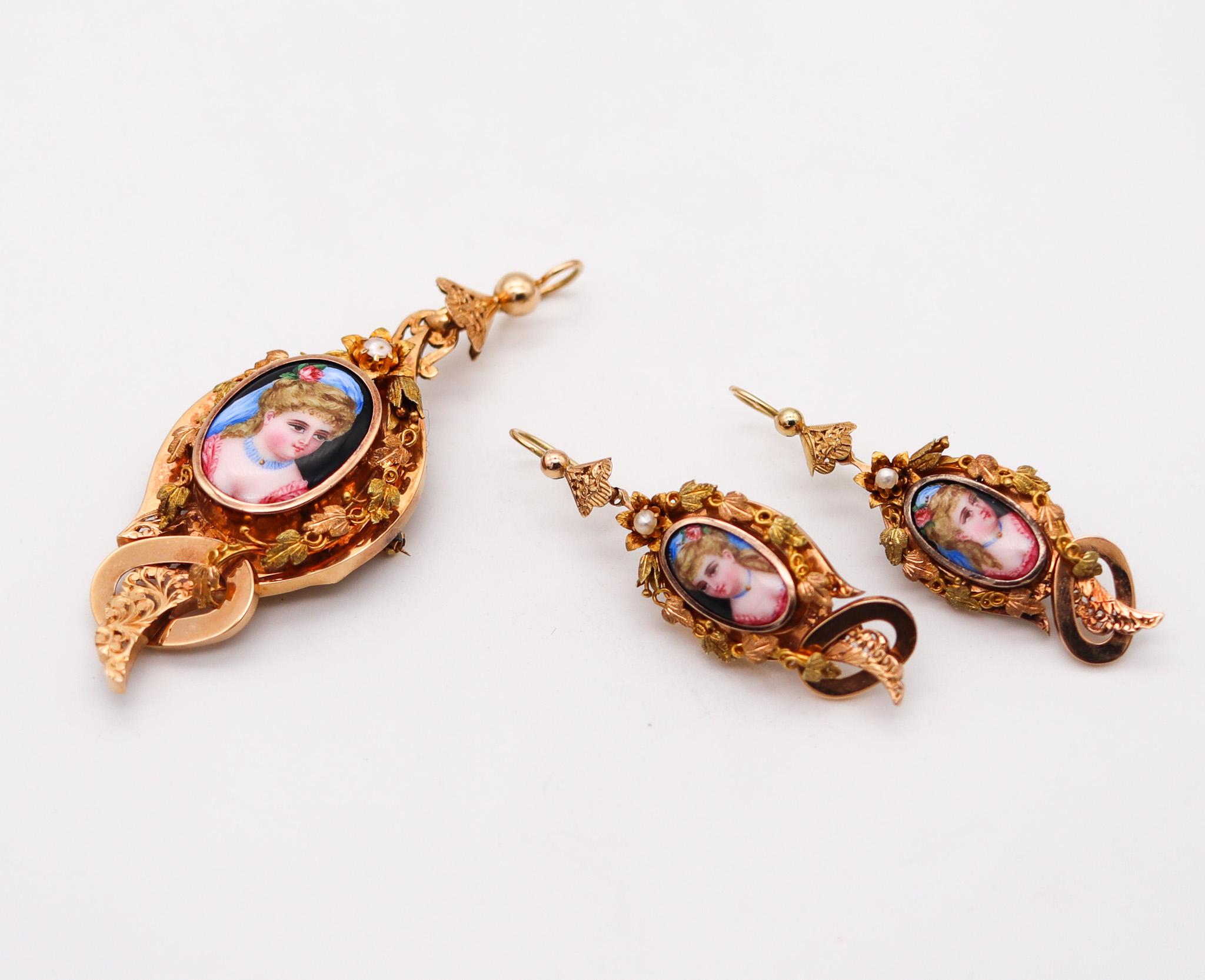 Französisch 1860 Cabrio Parure von Ohrringen und Anhänger in 18Kt Gold mit Emaille (Hochviktorianisch)