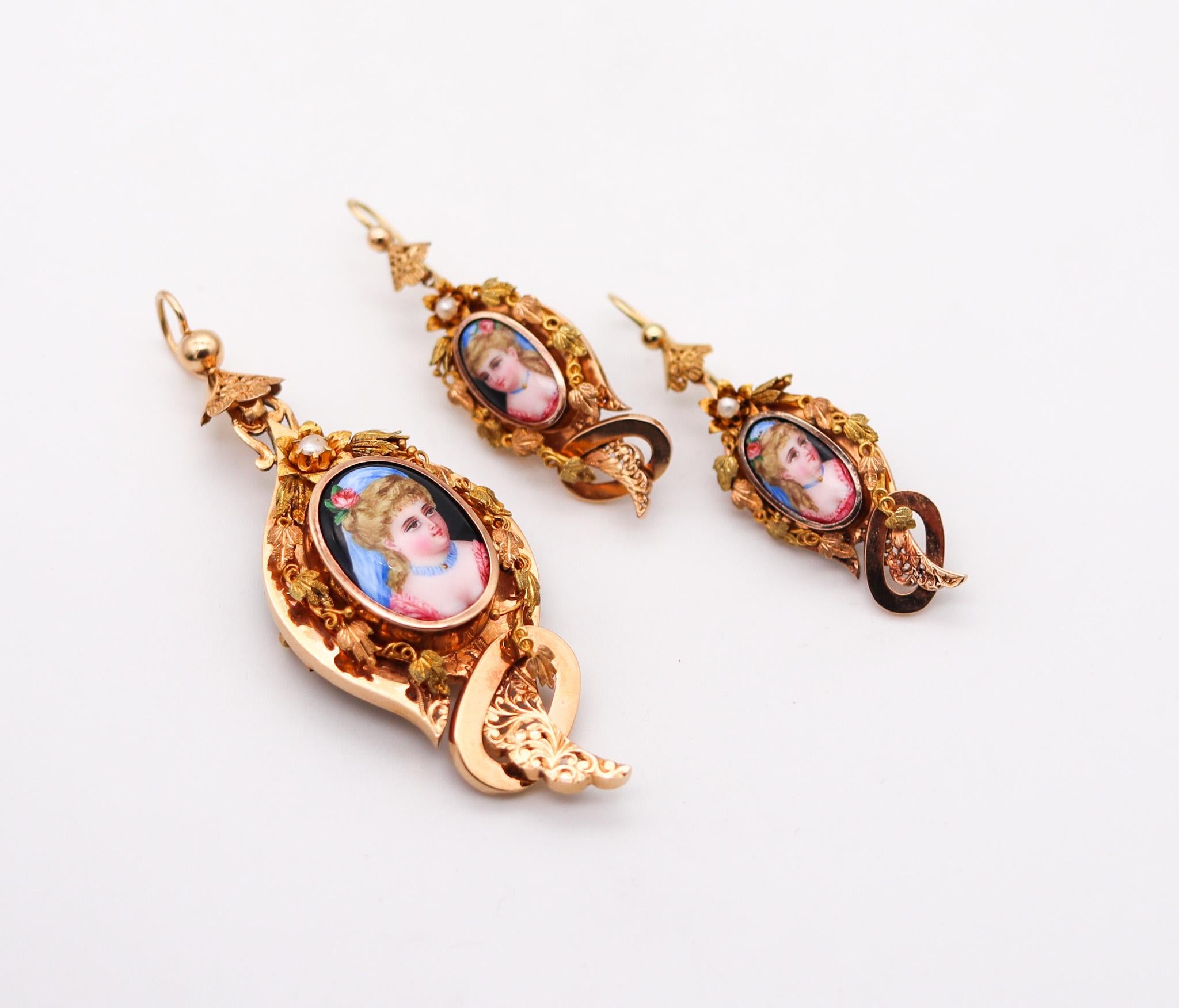 Französisch 1860 Cabrio Parure von Ohrringen und Anhänger in 18Kt Gold mit Emaille (Rundschliff)