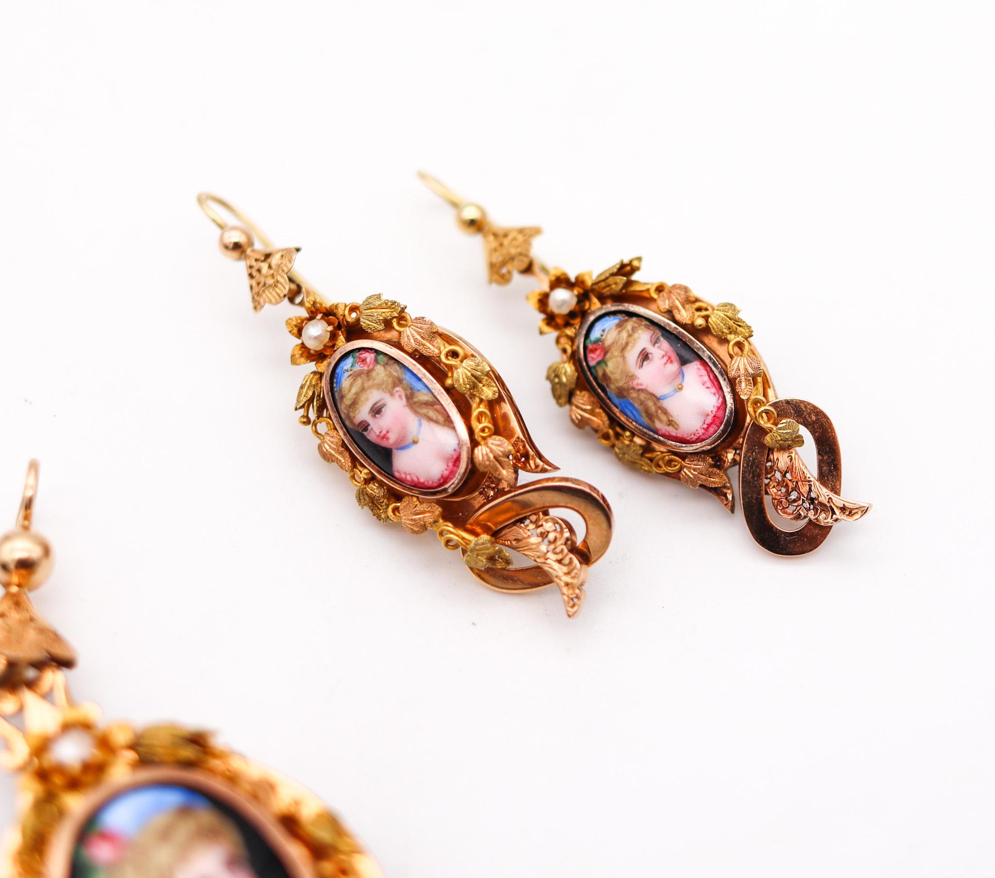 Französisch 1860 Cabrio Parure von Ohrringen und Anhänger in 18Kt Gold mit Emaille im Zustand „Hervorragend“ in Miami, FL