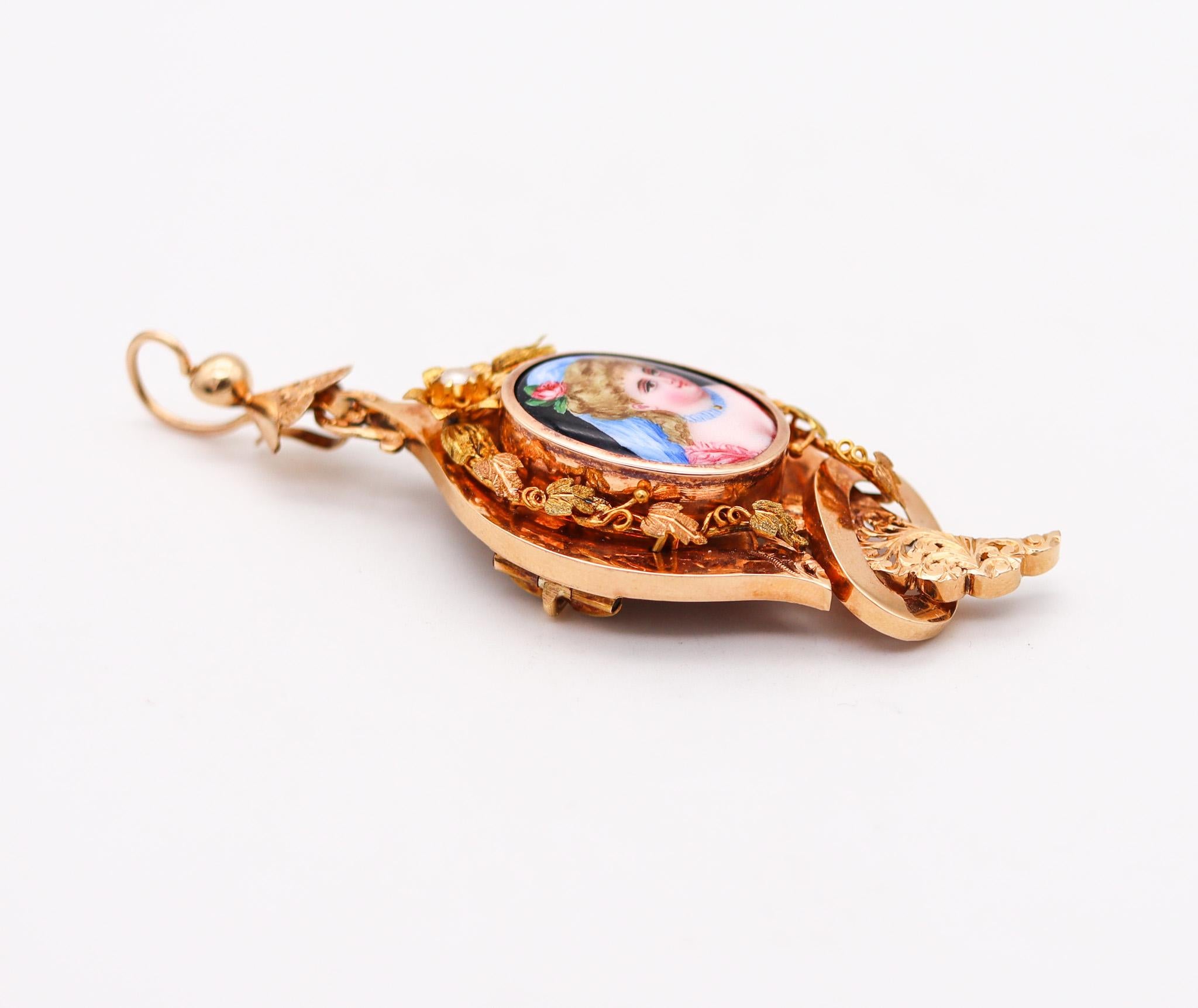 Französisch 1860 Cabrio Parure von Ohrringen und Anhänger in 18Kt Gold mit Emaille Damen