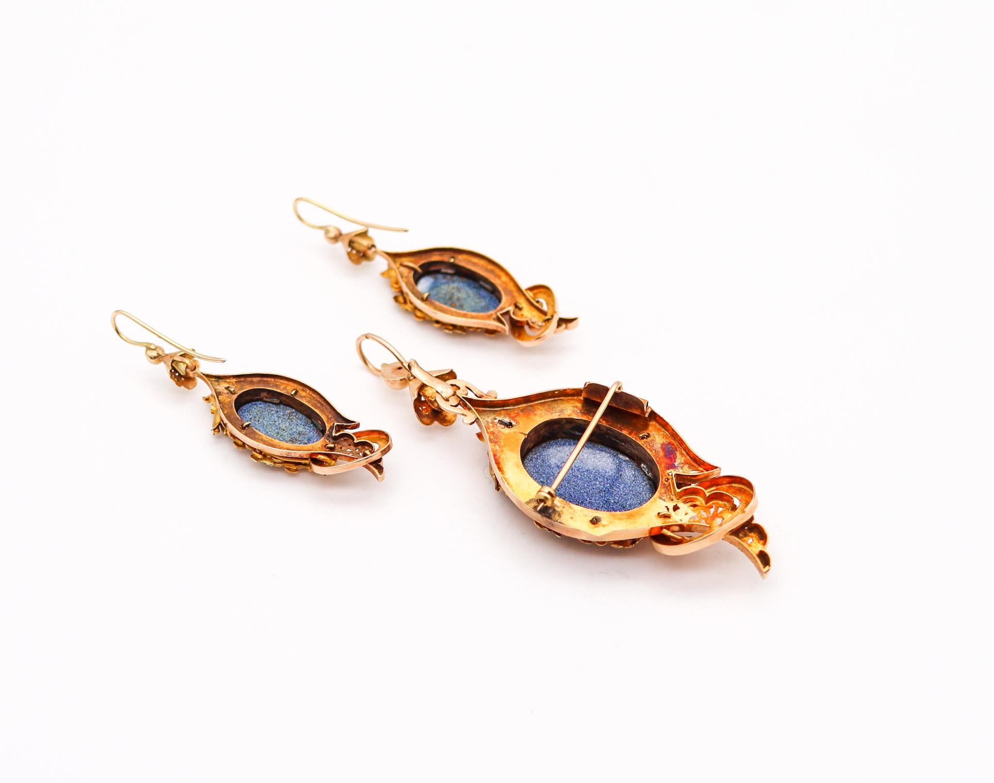 Französisch 1860 Cabrio Parure von Ohrringen und Anhänger in 18Kt Gold mit Emaille 1