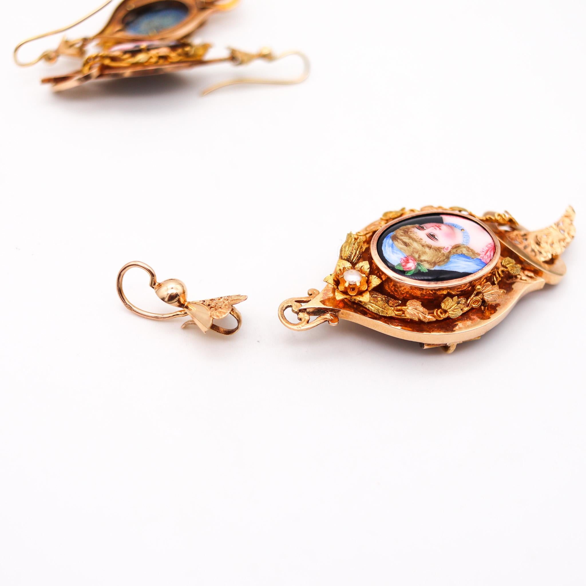 Französisch 1860 Cabrio Parure von Ohrringen und Anhänger in 18Kt Gold mit Emaille 2