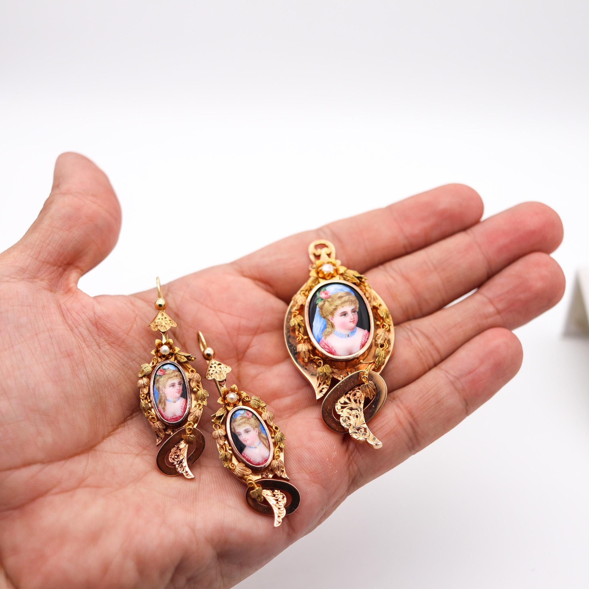 Französisch 1860 Cabrio Parure von Ohrringen und Anhänger in 18Kt Gold mit Emaille 3