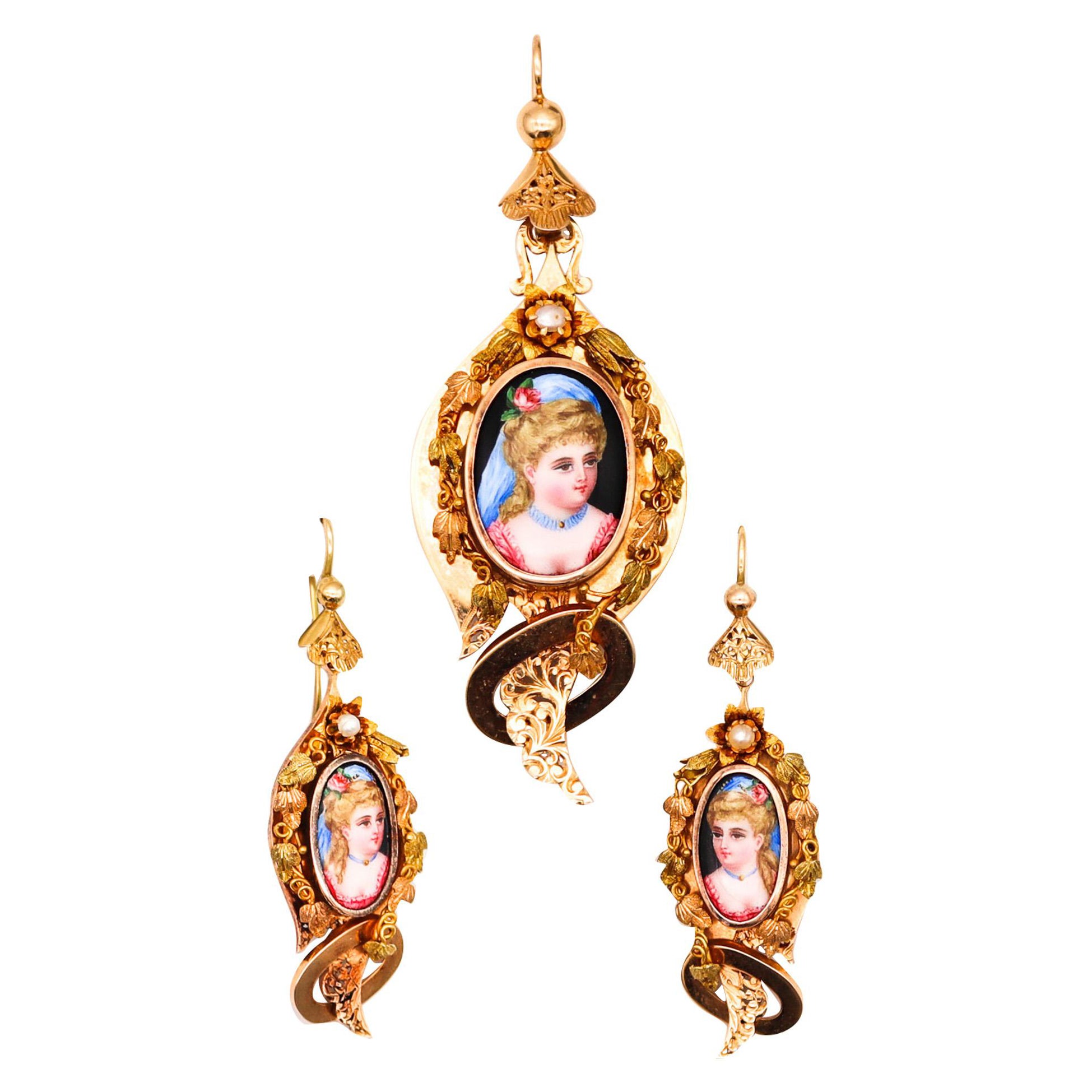 Französisch 1860 Cabrio Parure von Ohrringen und Anhänger in 18Kt Gold mit Emaille
