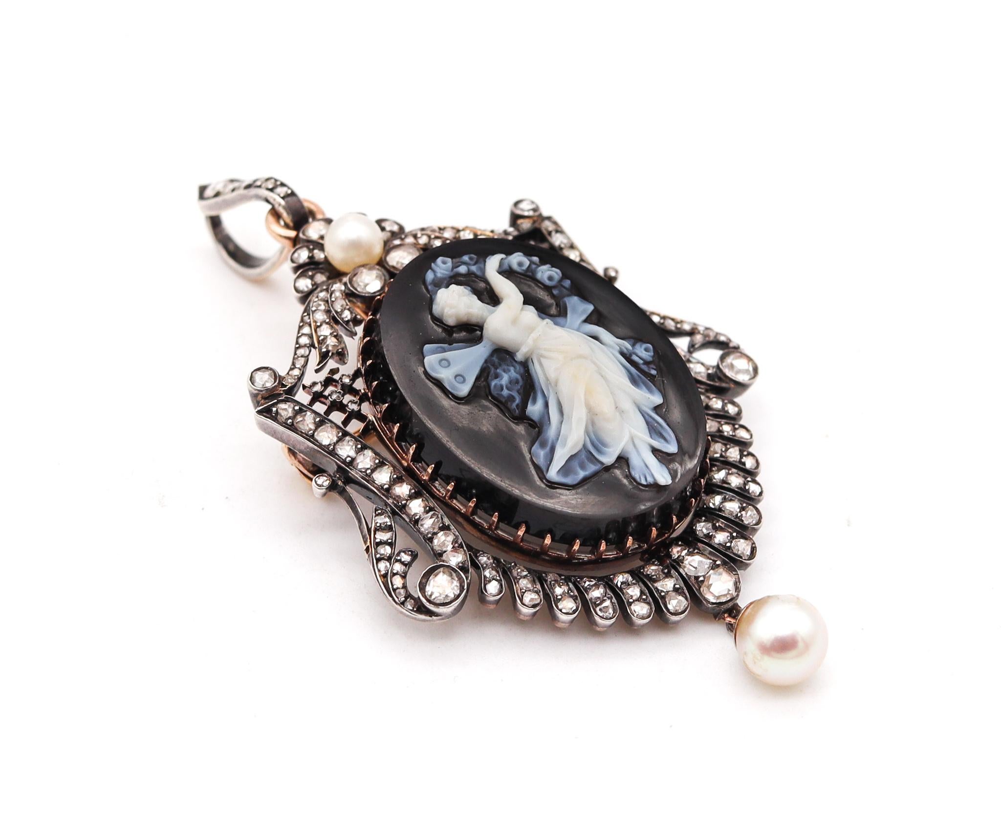 Neoclassical French 1860 Neo Classic Pendant Brooch in 18Kt Gold with Diamonds Natural Pearls For Sale