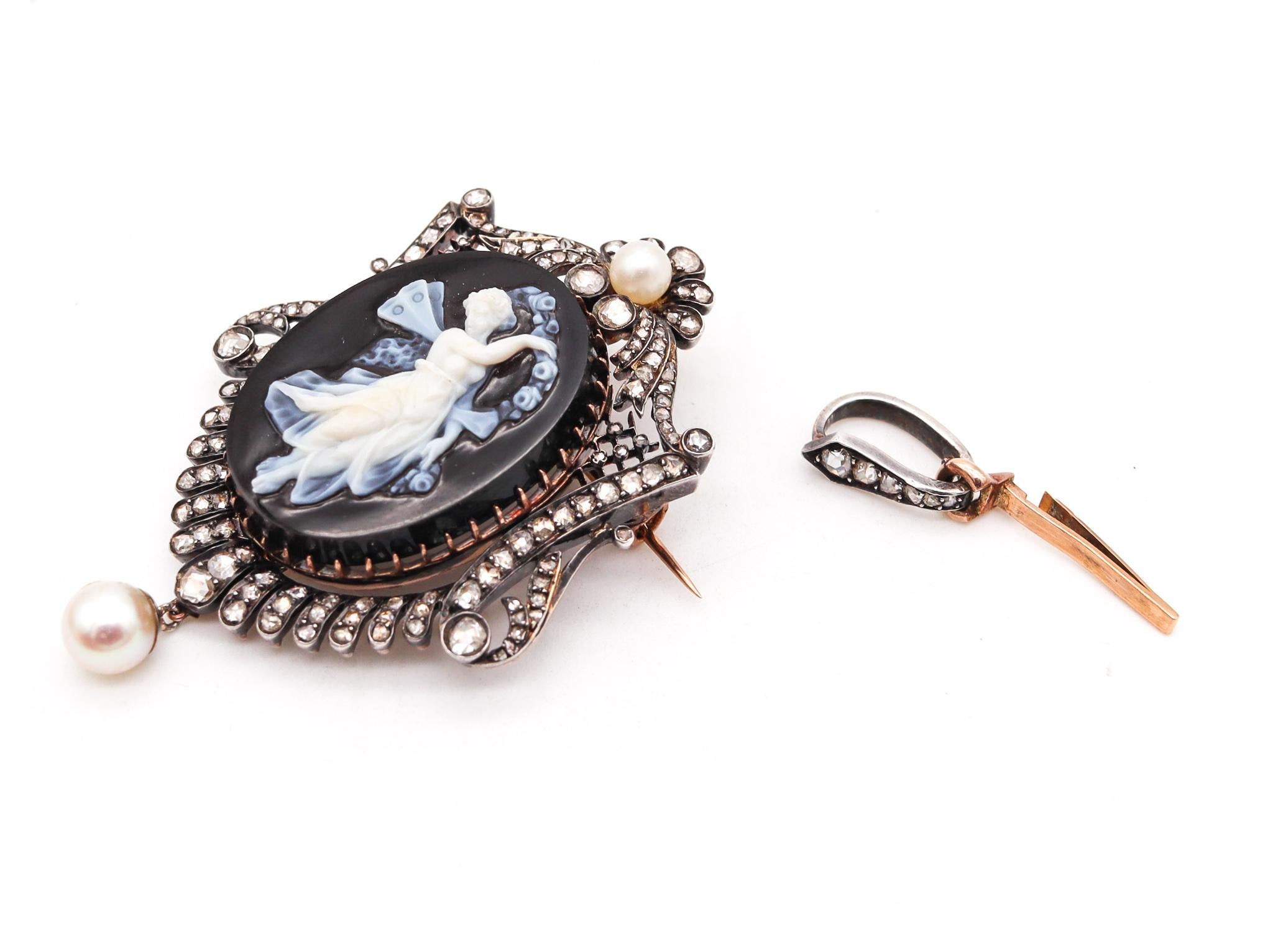 Women's French 1860 Neo Classic Pendant Brooch in 18Kt Gold with Diamonds Natural Pearls For Sale