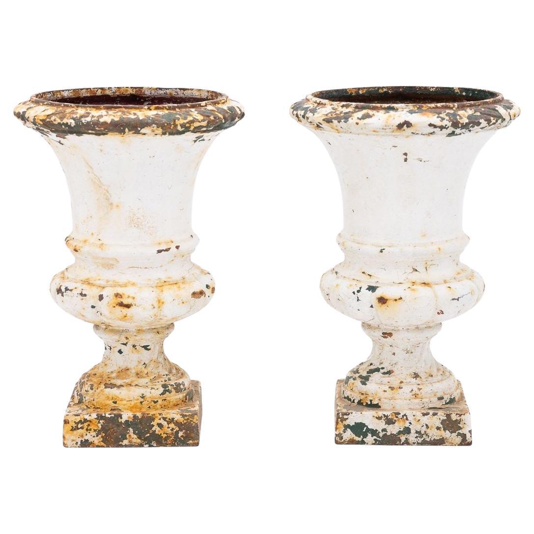 French 1860 Pair of White Painted Cast Iron Urns For Sale