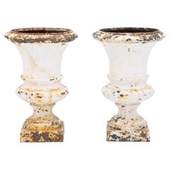 French 1860 Pair of White Painted Cast Iron Urns