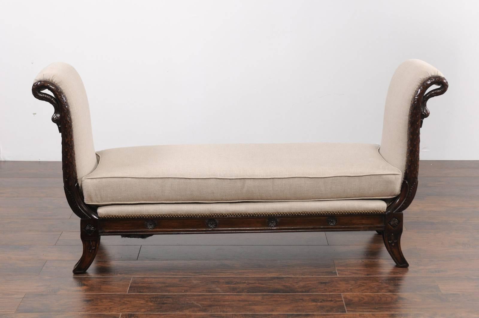 19th Century French 1860s Empire Style Walnut Bench with Out-Scrolled Sides and Swan Figures For Sale