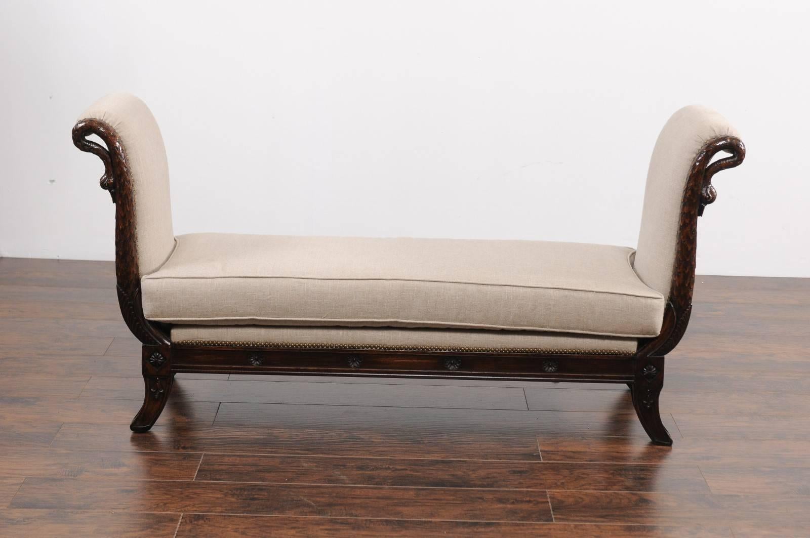 French 1860s Empire Style Walnut Bench with Out-Scrolled Sides and Swan Figures For Sale 1