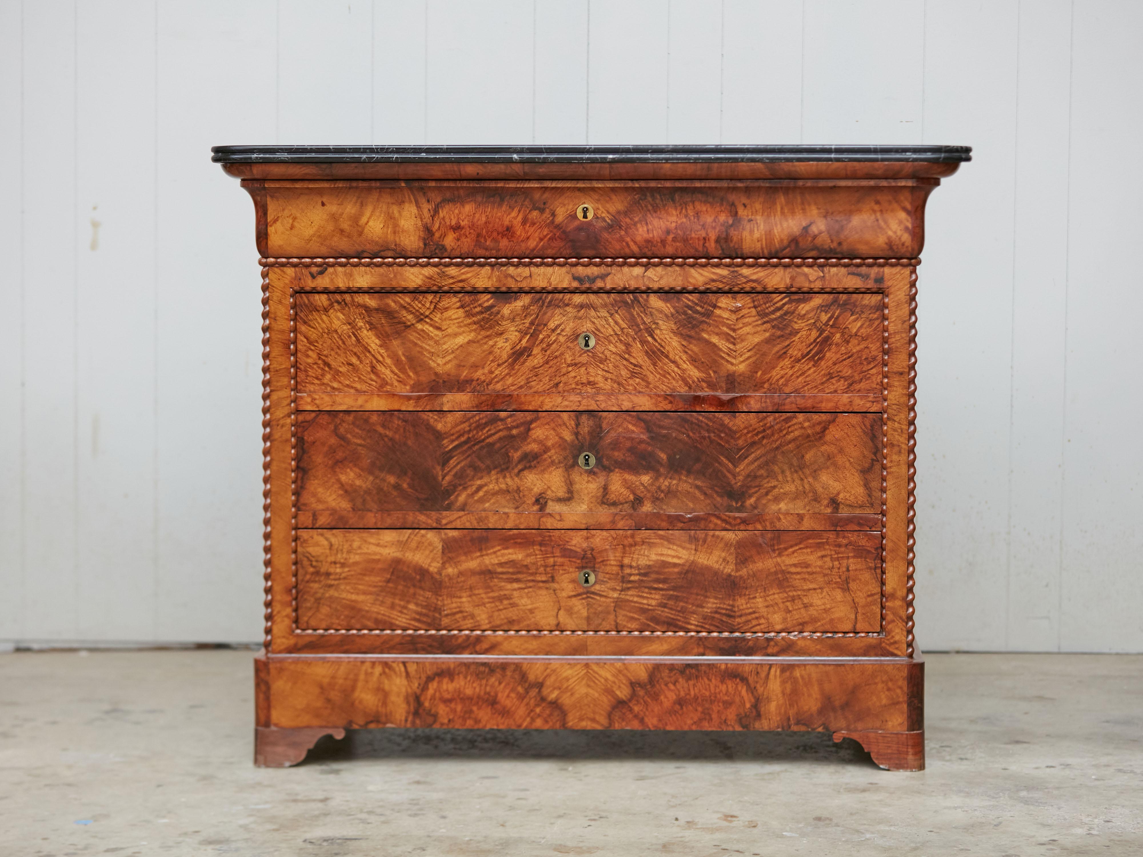 French 1860s Louis-Philippe Style Four-Drawer Walnut Commode with Marble Top In Good Condition In Atlanta, GA