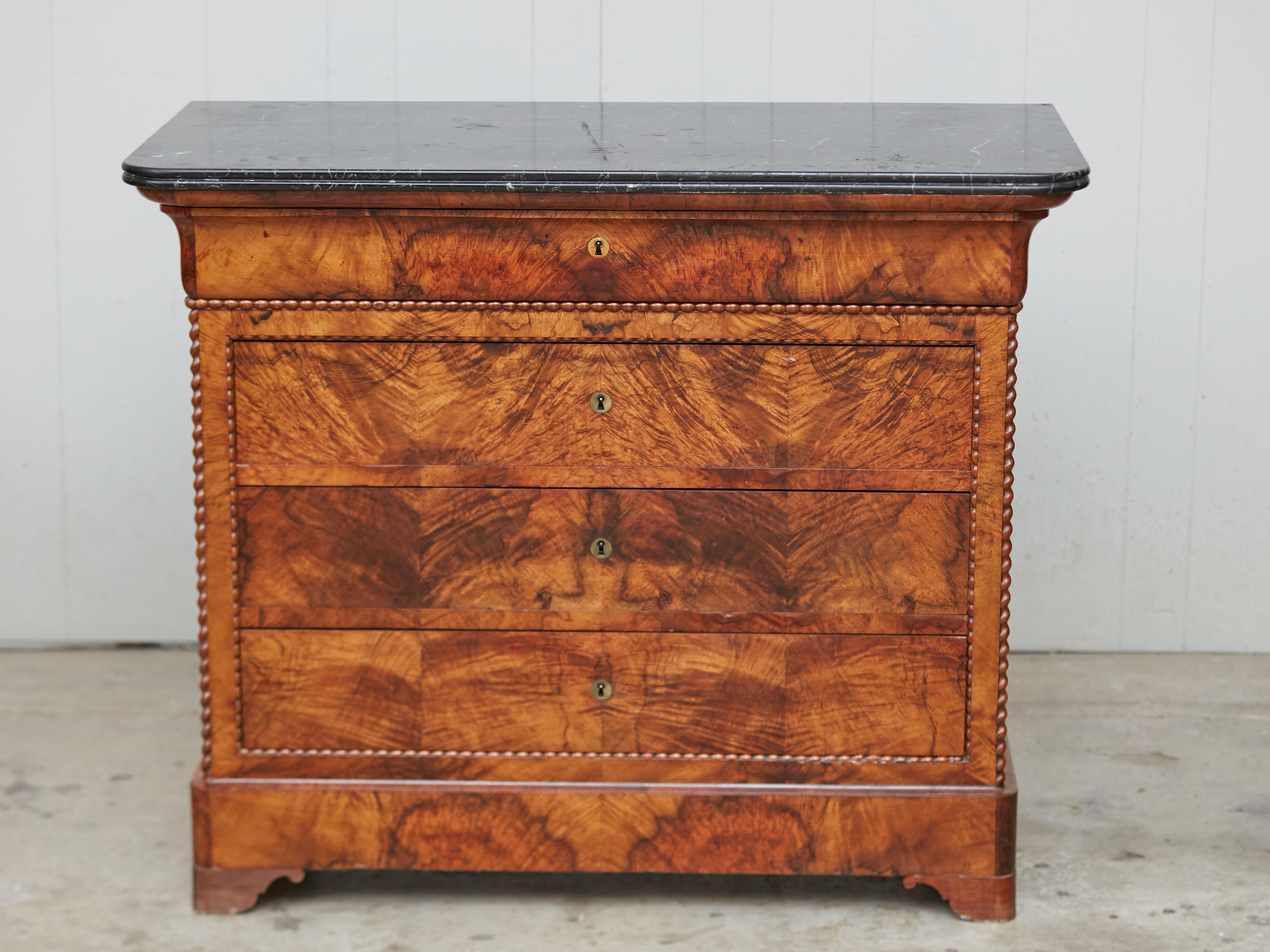 19th Century French 1860s Louis-Philippe Style Four-Drawer Walnut Commode with Marble Top