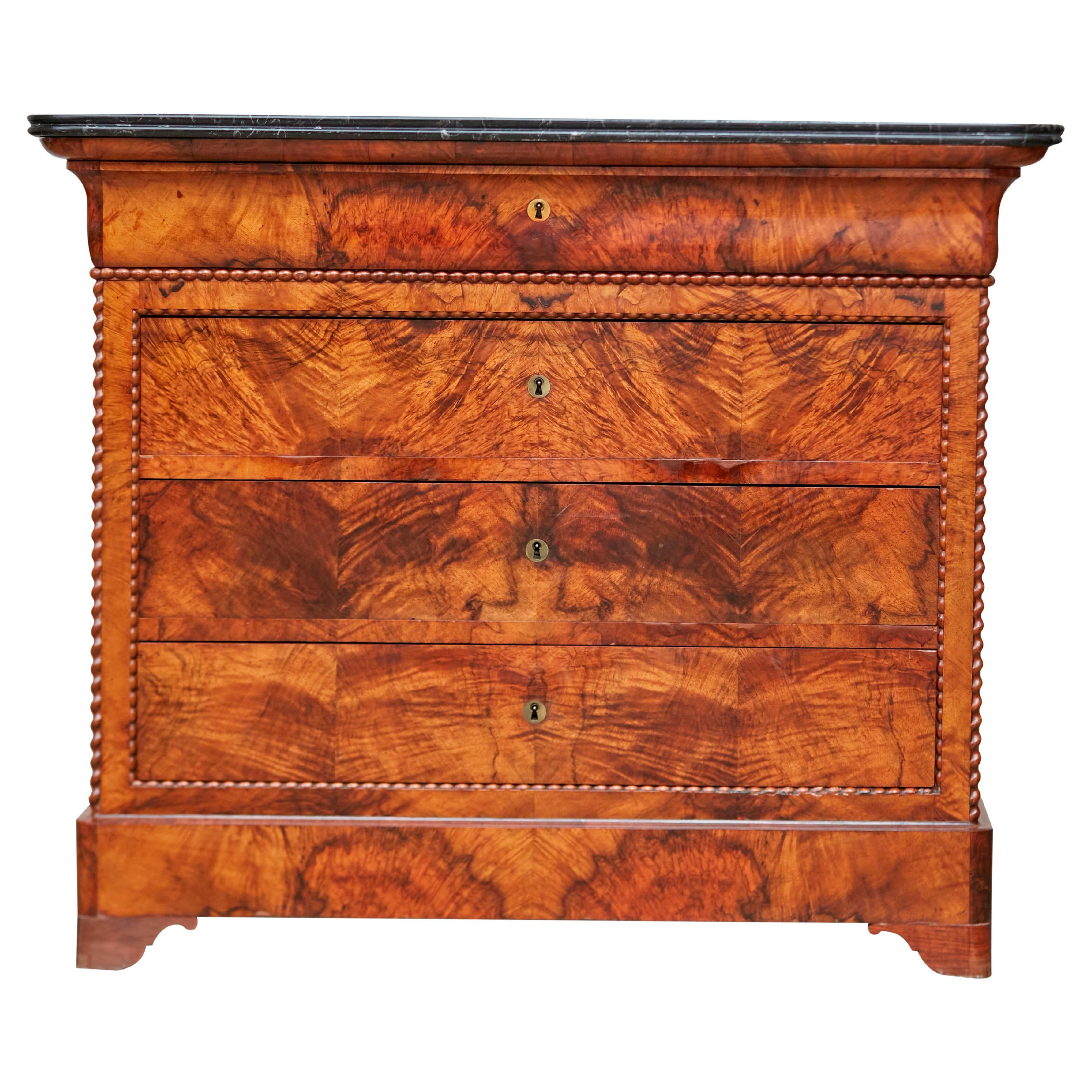 French 1860s Louis-Philippe Style Four-Drawer Walnut Commode with Marble Top