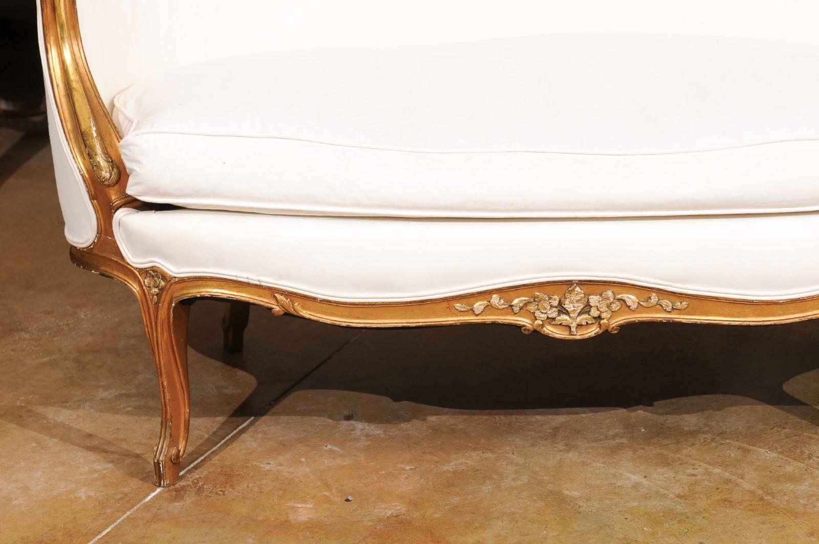 French, 1860s Louis XV Style Upholstered Giltwood Petite Sofa with Carved Crest 7