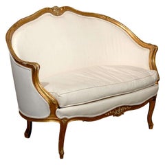 French, 1860s Louis XV Style Upholstered Giltwood Petite Sofa with Carved Crest