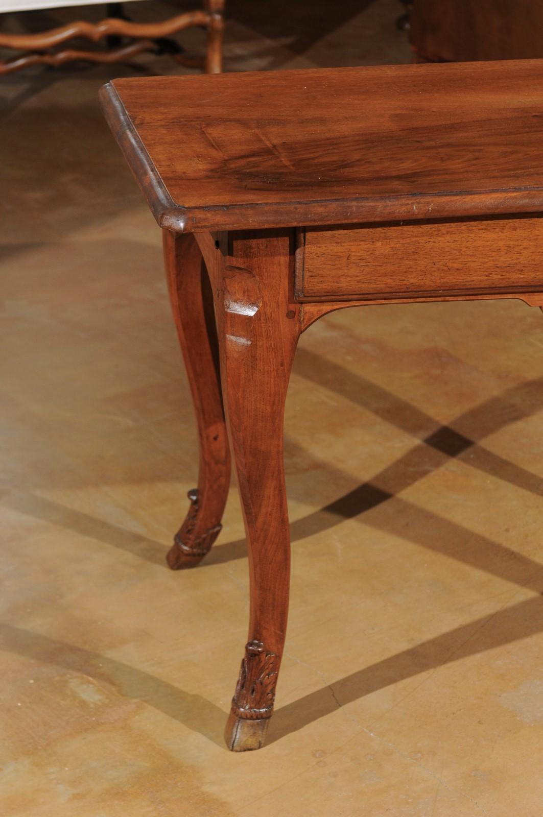 19th Century French 1860s Louis XV Style Walnut Side Table with Hoofed Feet and Single Drawer For Sale