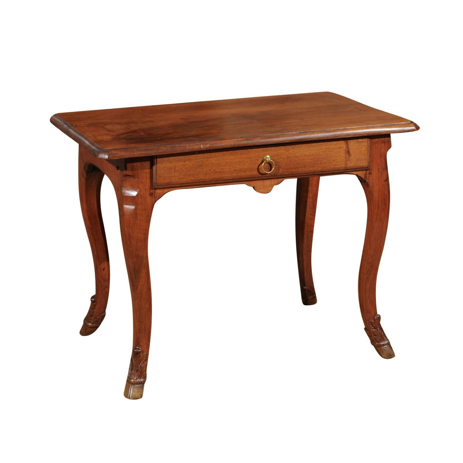 French 1860s Louis XV Style Walnut Side Table with Hoofed Feet and Single Drawer For Sale