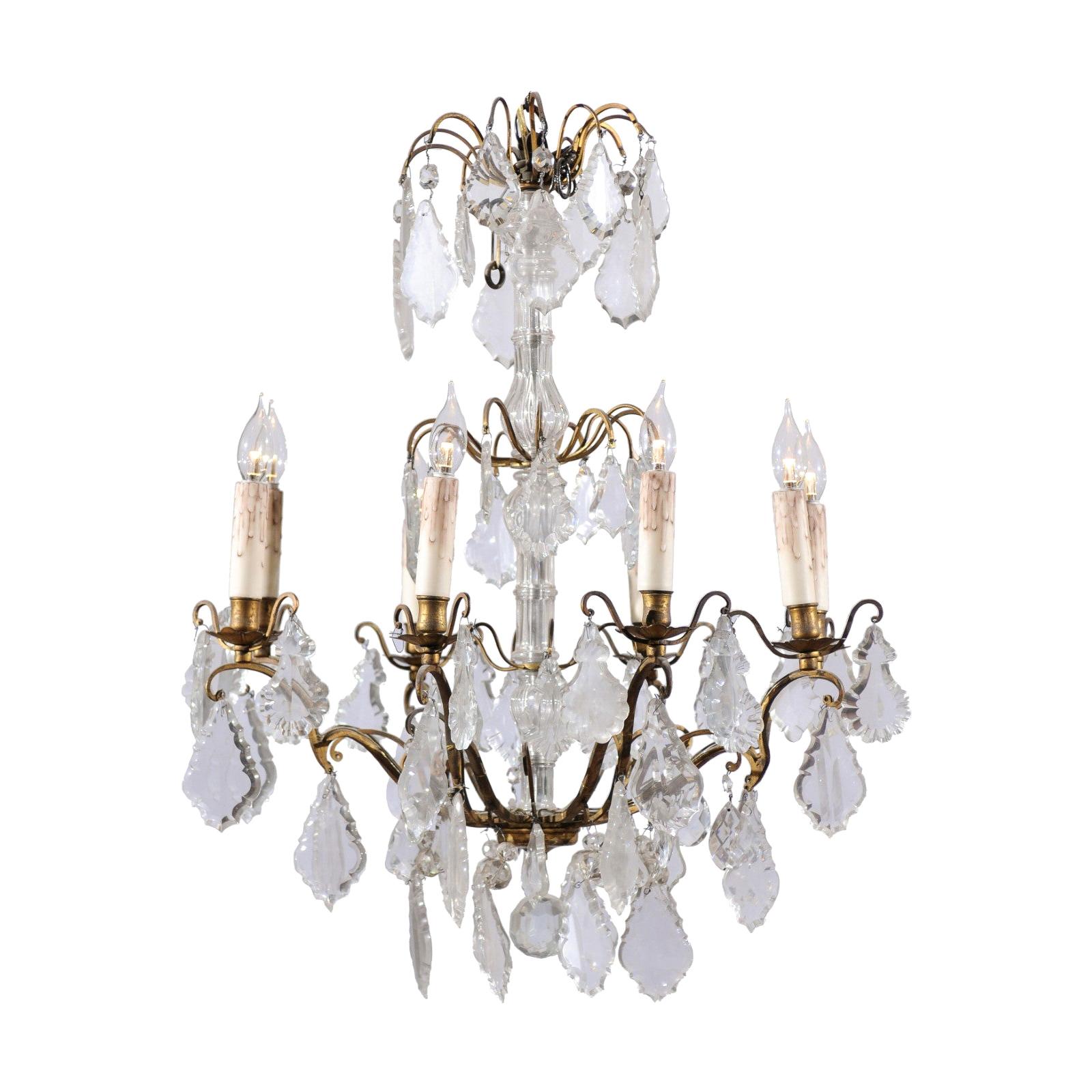French 1860s Napoleon III Eight-Light Crystal Chandelier with Brass Accents